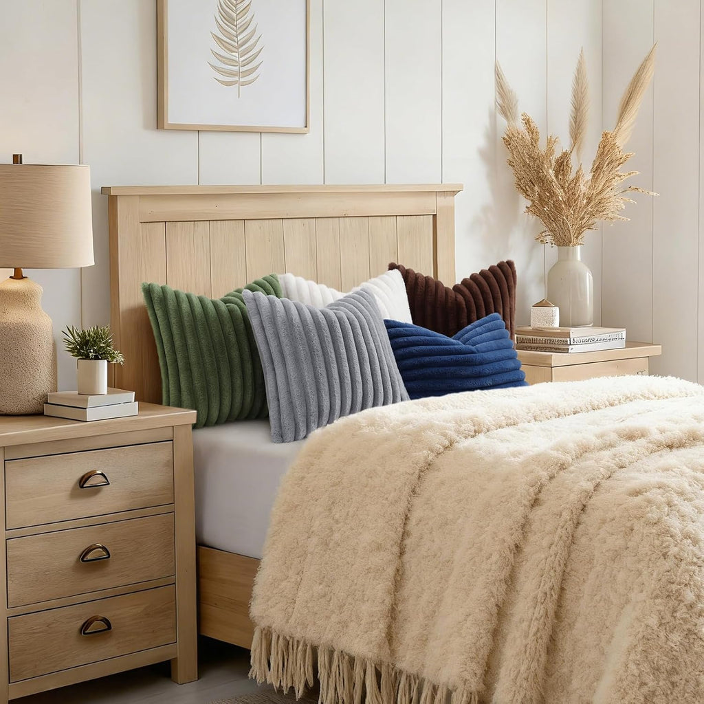 decorUhome Cozy Faux Fur Throw Pillow Covers 24x24 Set of 2 Decorative Soft Plush Striped Modern Farmhouse Boho Couch Euro Sham Pillow Case…