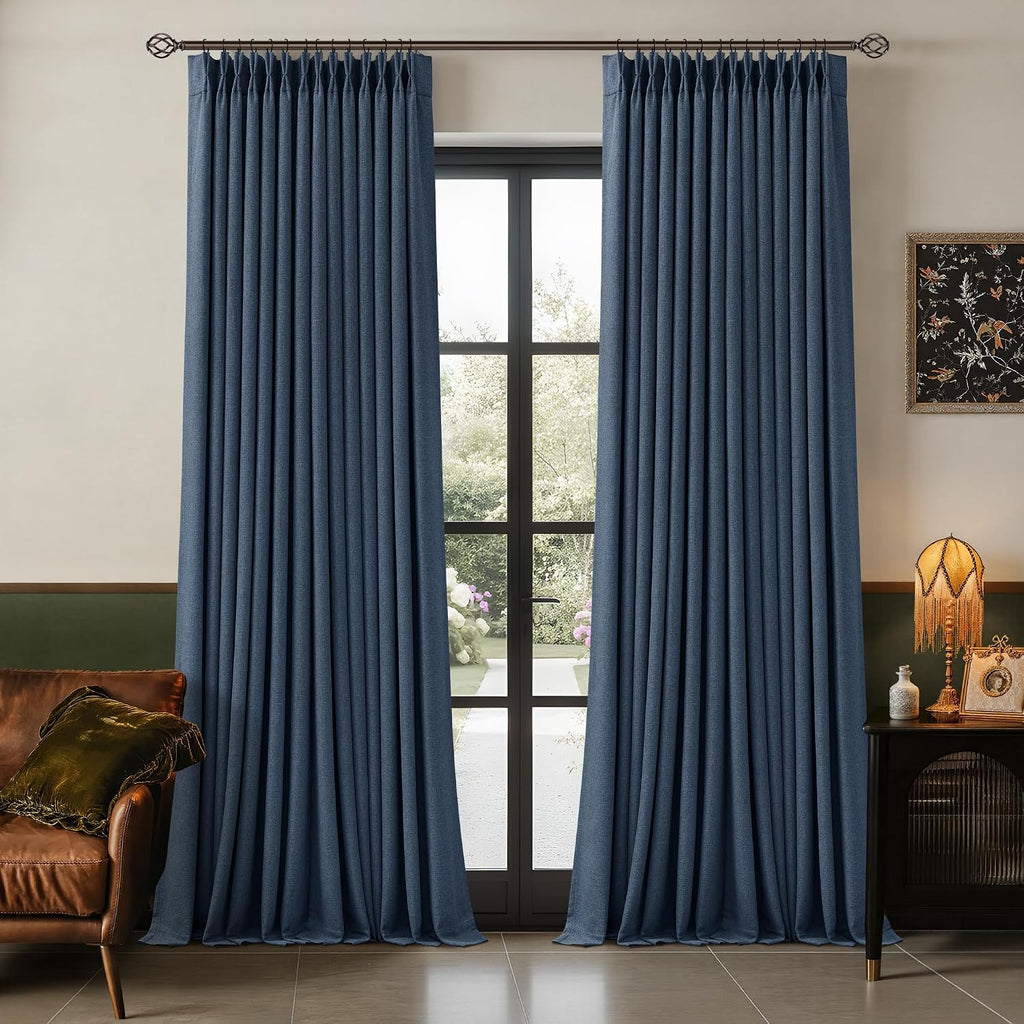 Twodrapes 105 Inch Pinch Pleated Blackout Linen Curtains for Bedroom 2 Panels Memory Trained 100% Black Out Soundproof Room Darkening Navy…
