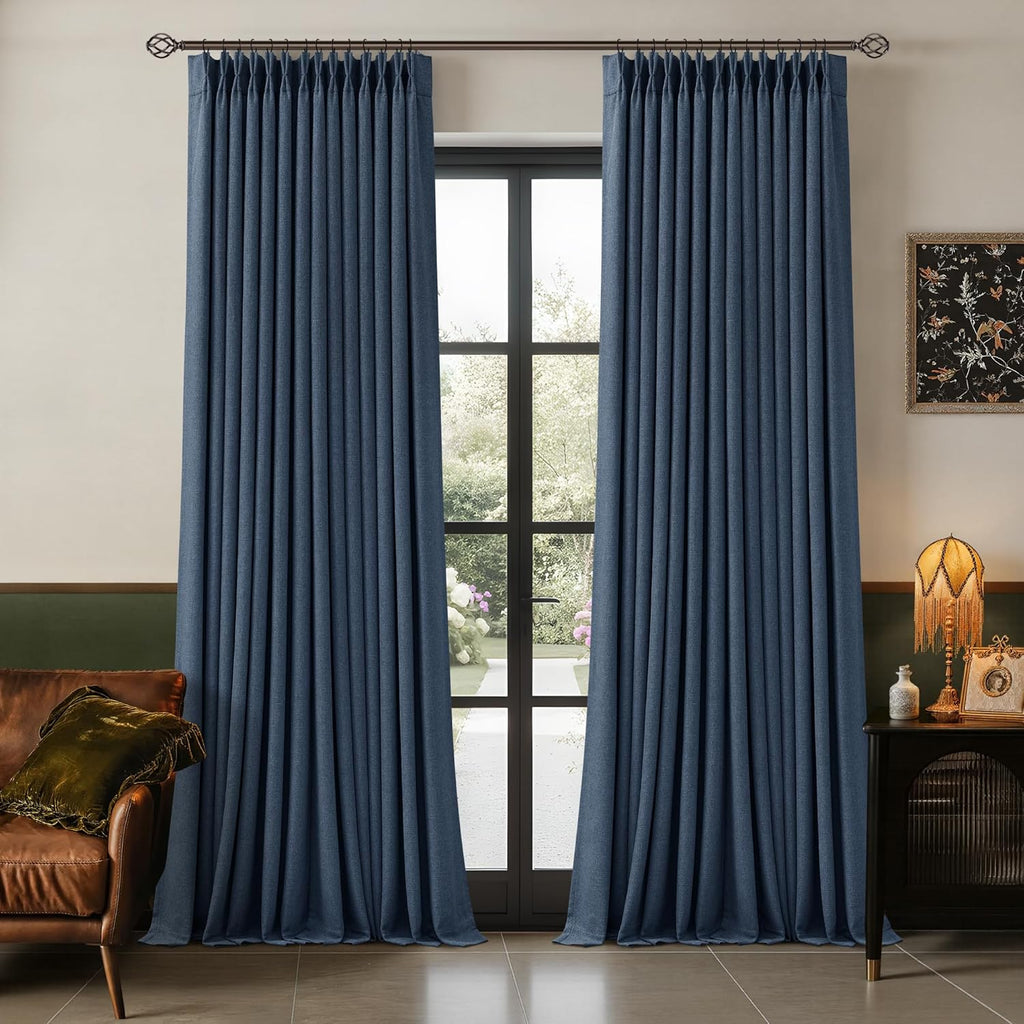 Twodrapes Navy Pinch Pleated Blackout 102 Inch Bedroom Curtains 2 Panels Set Linen Dual Layer Soundproof Dark Blue Window Drapes for Living…
