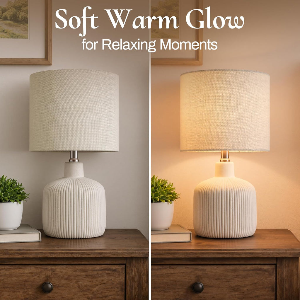 Ceramic Table Lamp, 17.75" Rustic Farmhouse Bedside Lamp with Beige Linen Shade, Warm Ambient Nightstand Lighting for Bedroom or Living…