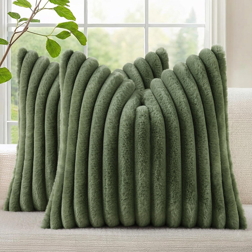 decorUhome Cozy Faux Fur Throw Pillow Covers 18x18 Set of 2 Decorative Soft Plush Striped Modern Farmhouse Boho Couch Pillow Cases with Vel…