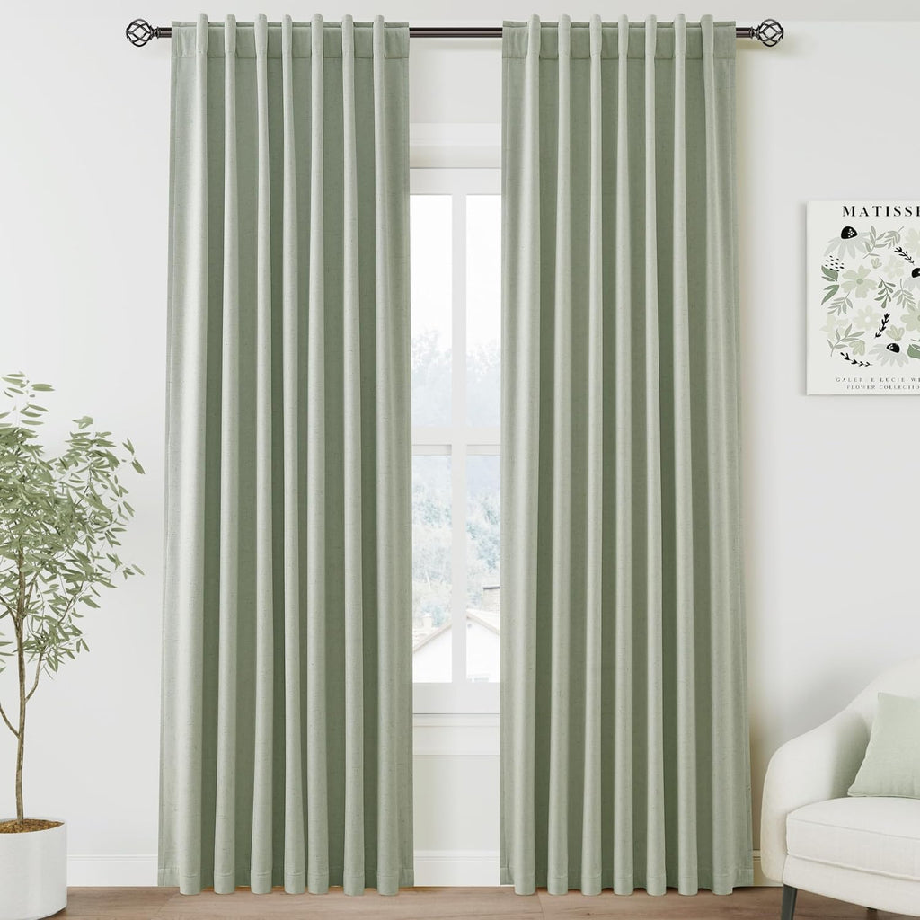 Nanspring Mist Sage 100% Blackout Linen Curtains for Bedroom 84 Inch Length 2 Panels Set Back Tab Thermal Insulated Boho Black Out Curtain…