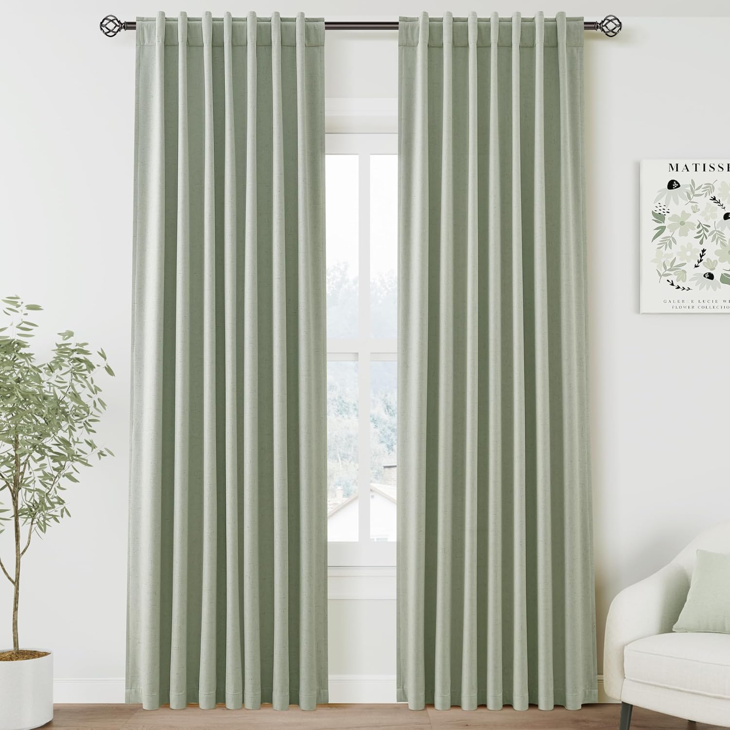 Nanspring Mist Sage 100% Blackout Linen Curtains for Bedroom 84 Inch Length 2 Panels Set Back Tab Thermal Insulated Boho Black Out Curtain…