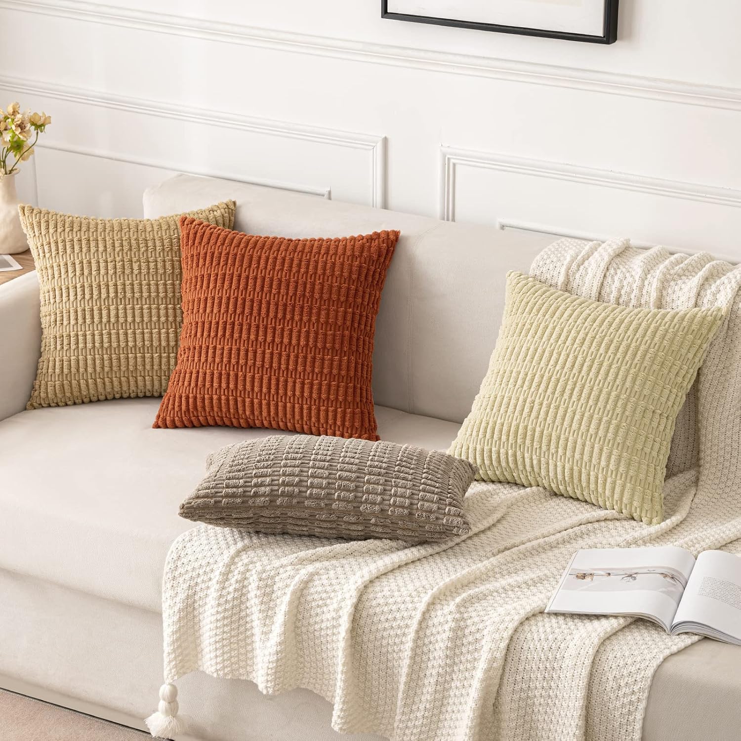 Miulee Pack of 2 Corduroy Decorative Throw Pillow Covers 18x18 Inch Soft Boho Striped Pillow Covers Modern Farmhouse Home Decor for Sofa Li…