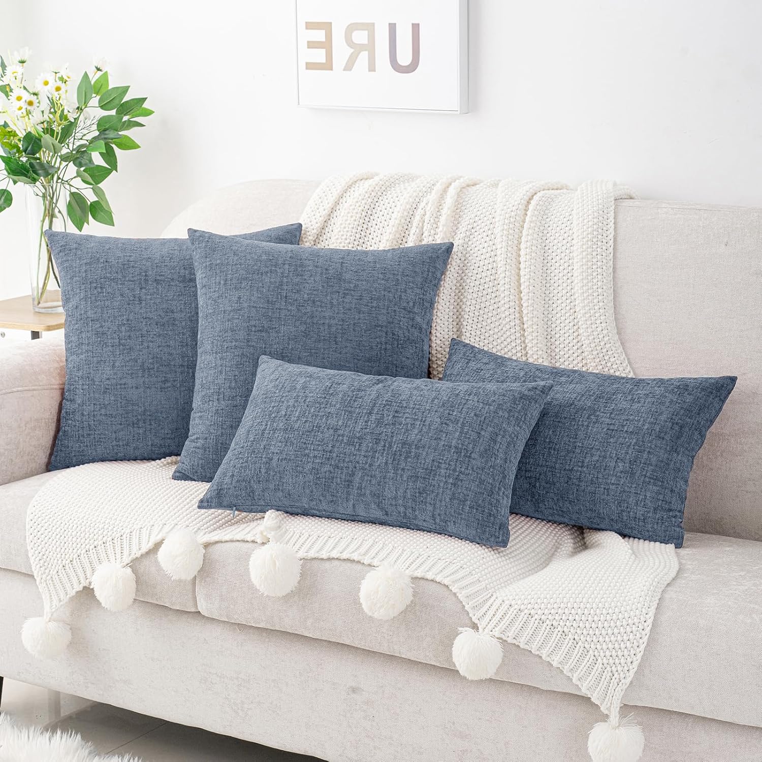 Hwy50 HWY 50 Dark Grey Blue Couch Pillow Covers 20x20 Inch Pack of 2, Soft Chenille Decorative Throw Pillow Cases Farmhouse for Sofa Living…