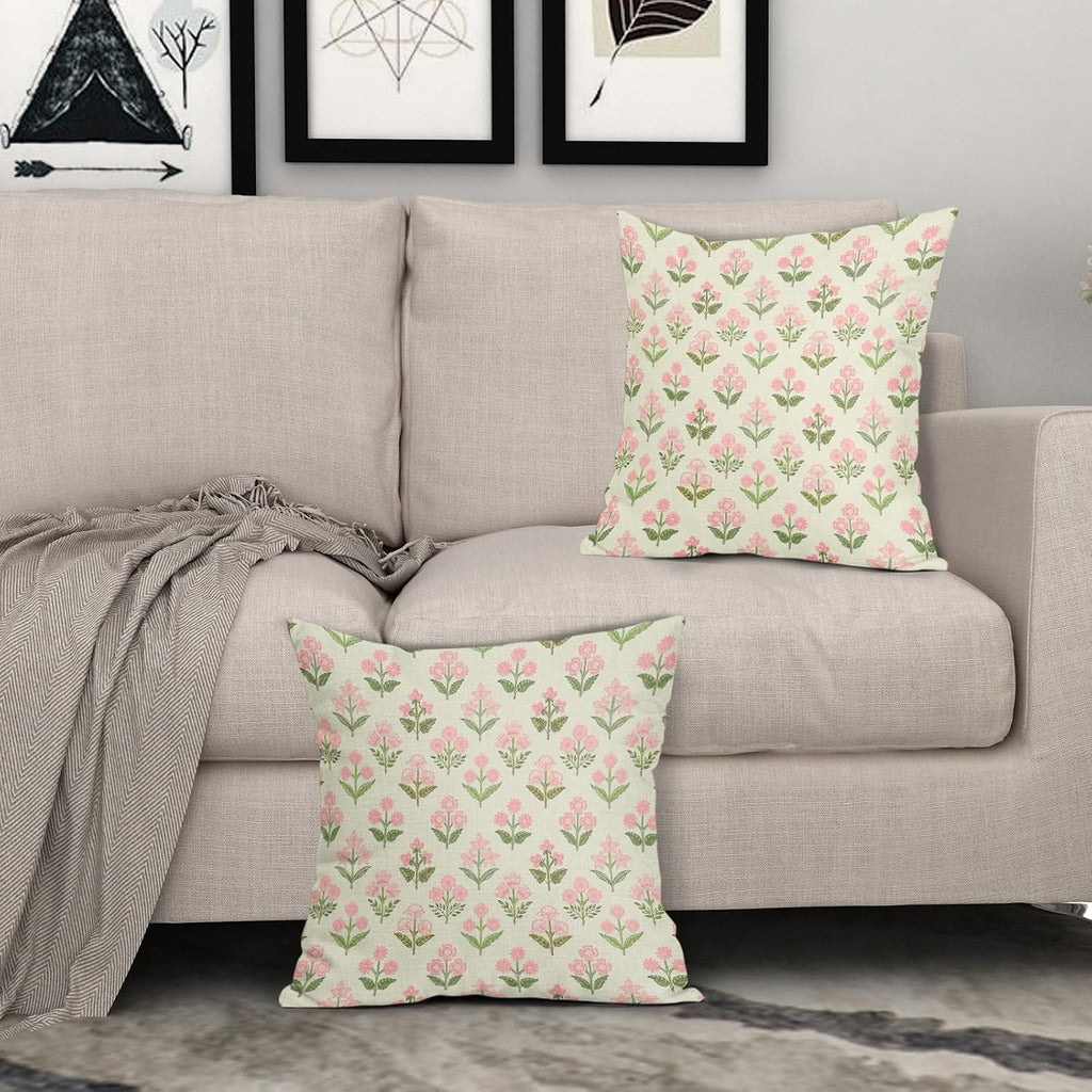 Pink Green Floral Pillow Covers 24x24 Inch Set of 2, Vintage Flower Block Print Decorative Throw Pillowcases Outdoor Farmhouse Cushion…