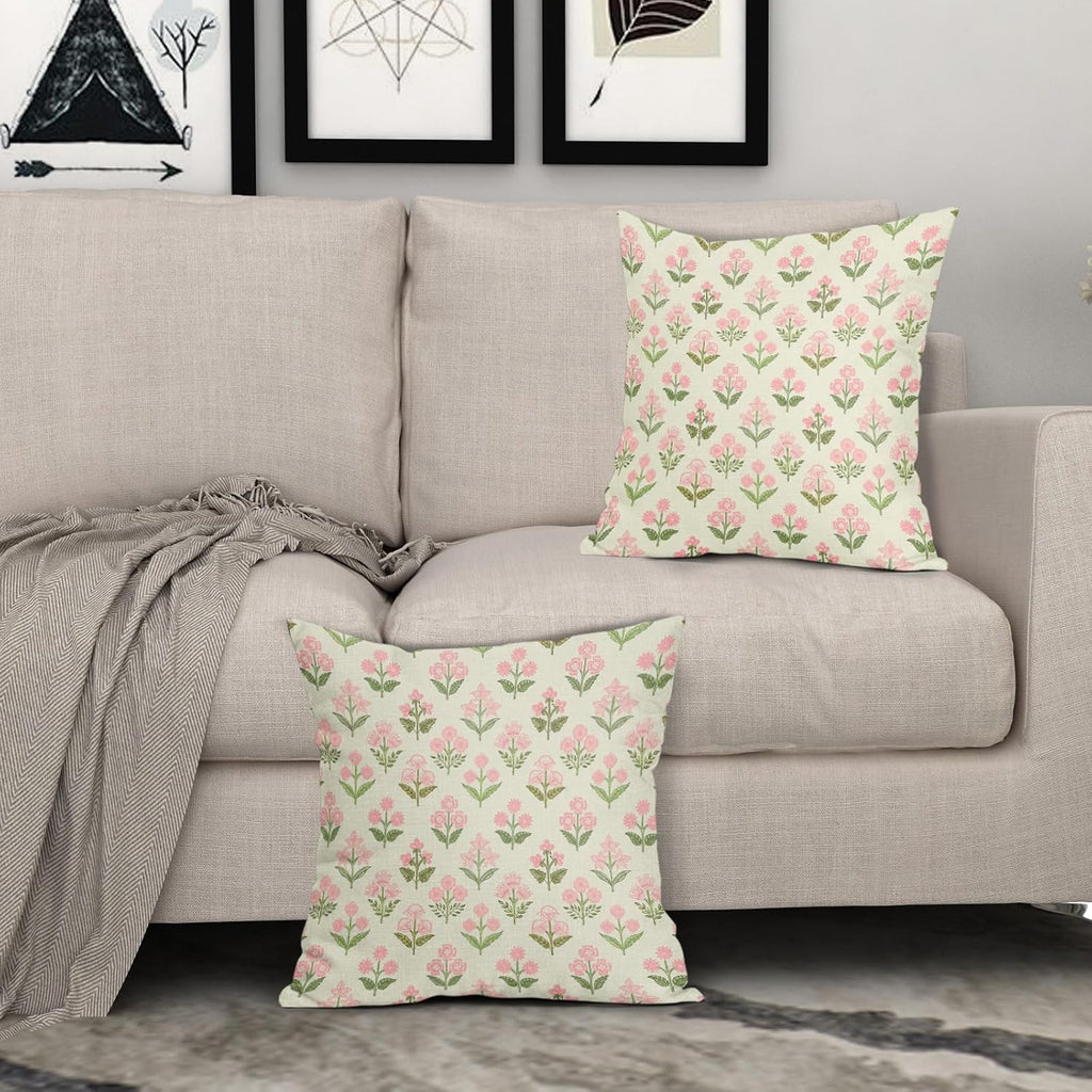 Pink Green Floral Pillow Covers 22x22 Inch Set of 2, Vintage Flower Block Print Decorative Throw Pillowcases Outdoor Farmhouse Cushion…