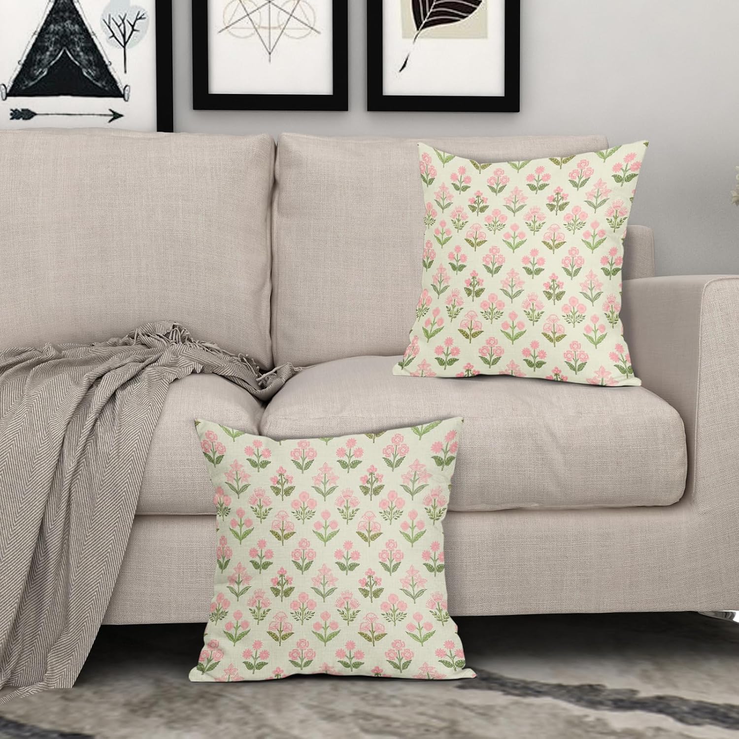 Pink Green Floral Pillow Covers 22x22 Inch Set of 2, Vintage Flower Block Print Decorative Throw Pillowcases Outdoor Farmhouse Cushion…