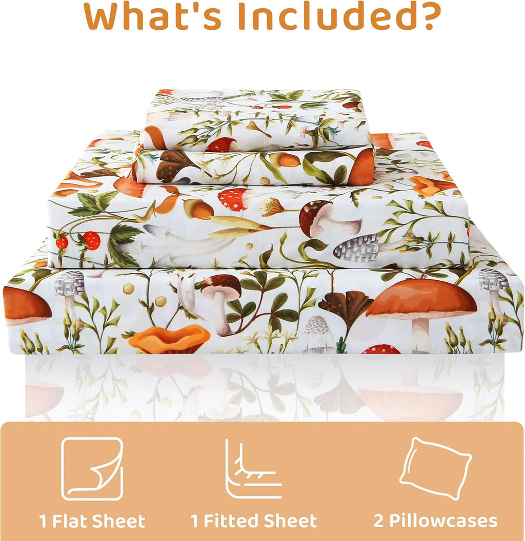 mooreeke Cozy Vintage Microfiber Printed King Sheet Set - Soft & Breathable Percale Mushroom Forest Bed Sheets with Extra Deep Pocket - Non…