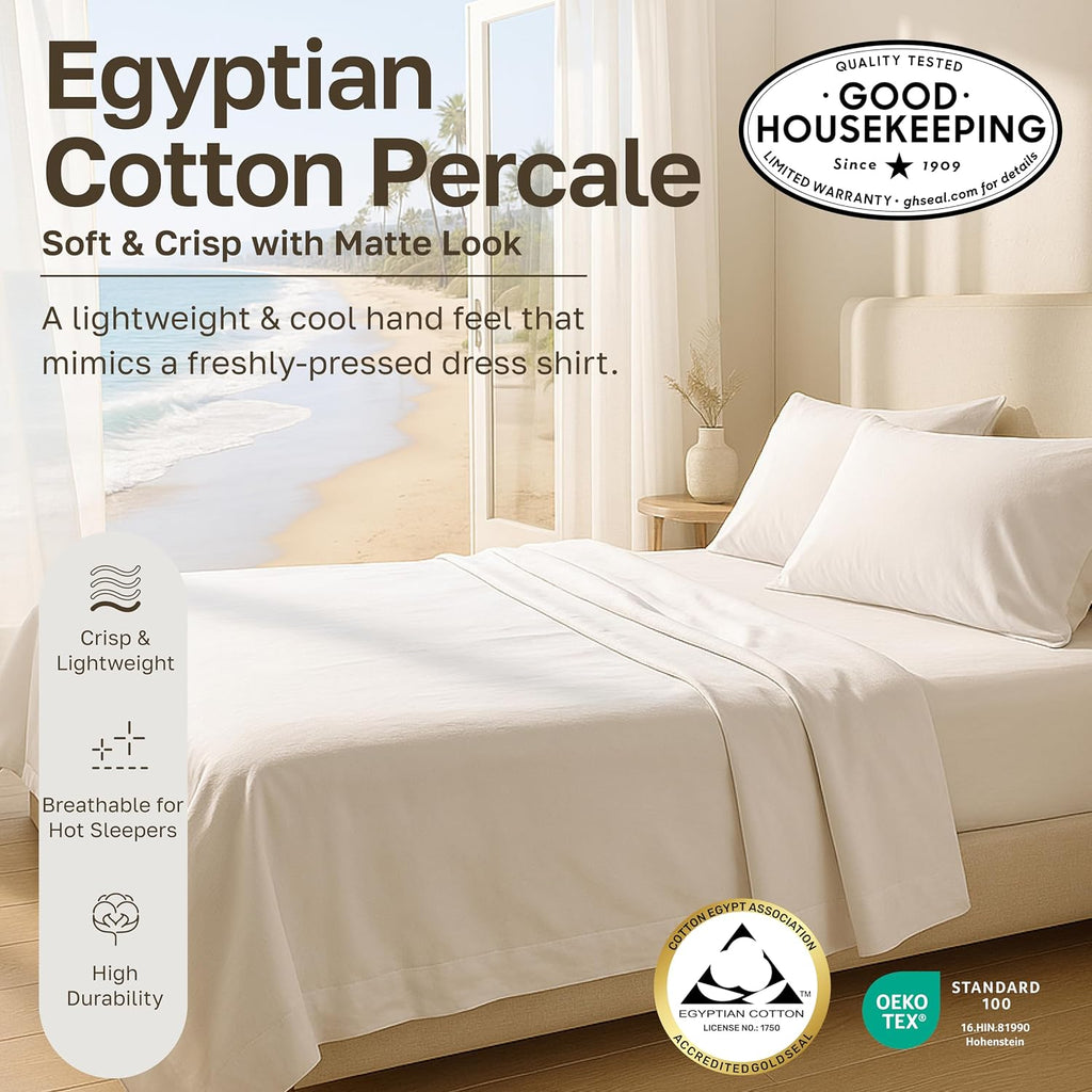 CaliforniaDesignDen California Design Den Deep Pocket Full Size Sheets Set - Certified 100% Egyptian Cotton Percale Sheets, Lightweight, Cr…