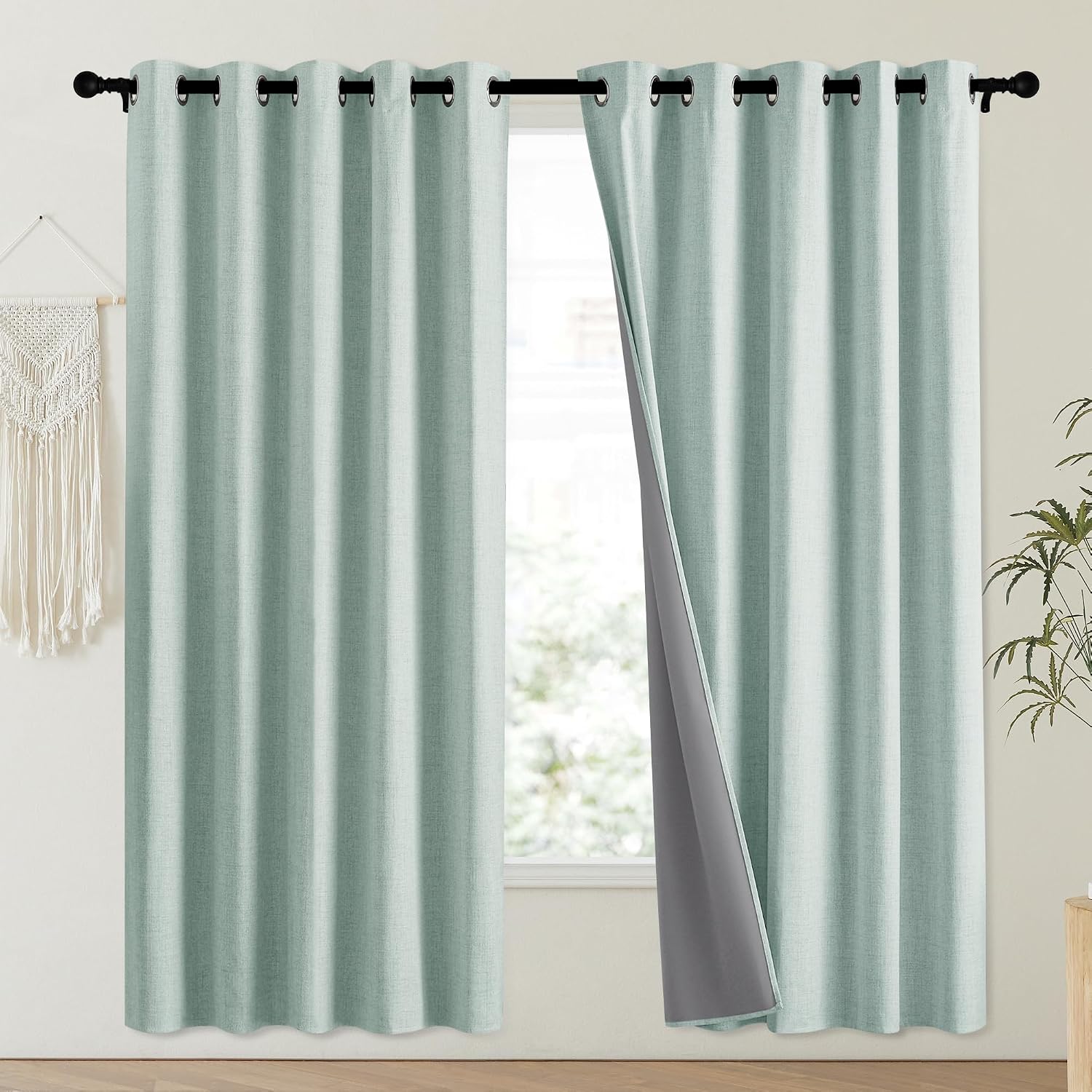 NICETOWN 100% Absolutely Blackout Linen Curtains with Thermal Insulated Liner, Seafoam Green, 62" Wide, 72" Length Energy Saving Curtains…