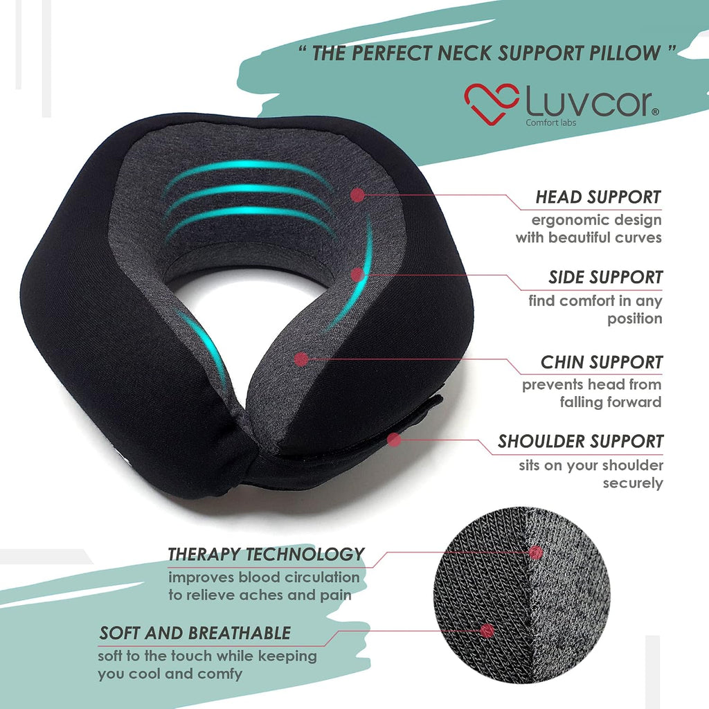 Premium Quality Memory Foam Travel Neck Pillow Bundle - Best Ergonomic Pillow for Airplane Travel, car Ride, Sleeping. Comes with Eye…