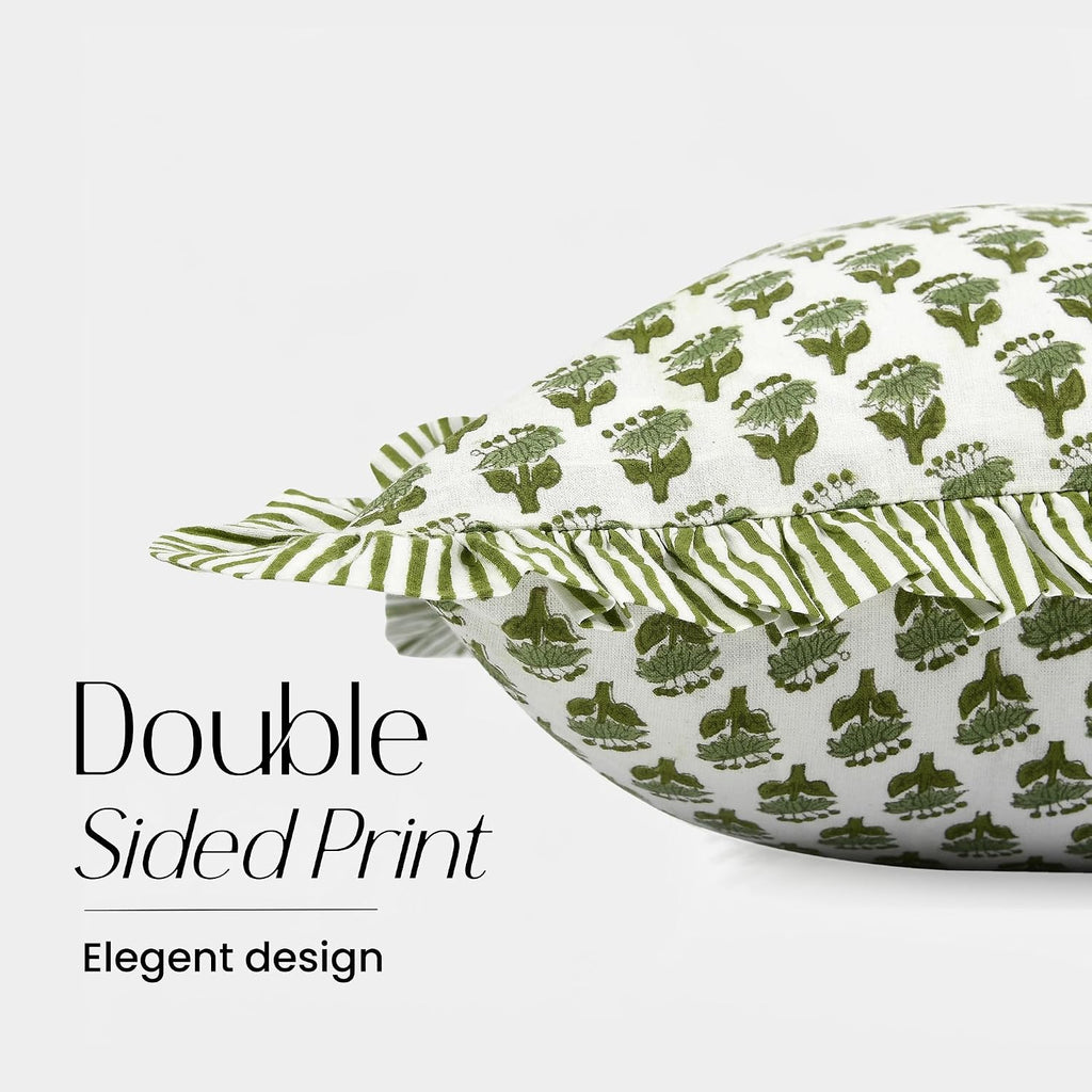 Cottonprintclub CPC Hand Block Print Emerald Green Ruffle Sham Pillow Cover 36" x 14" inch Hidden Zipper Decorative Pillowcase for Couch, B…