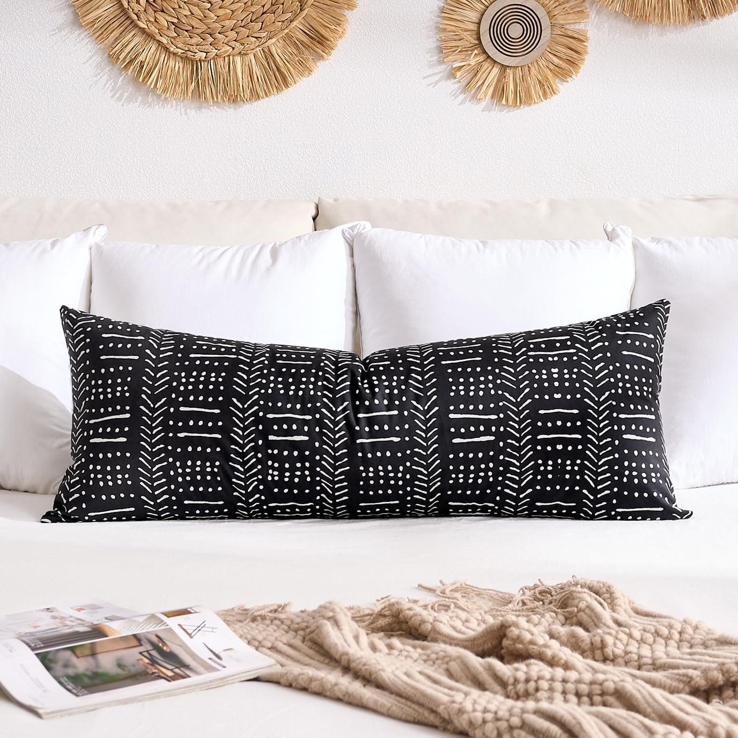 BONSTRAP Black Decorative Lumbar Throw Pillow Covers Boho Long Pillow Covers 14X36 Farmhouse Cushion Covers 1 Piece Neutral Woven Te…