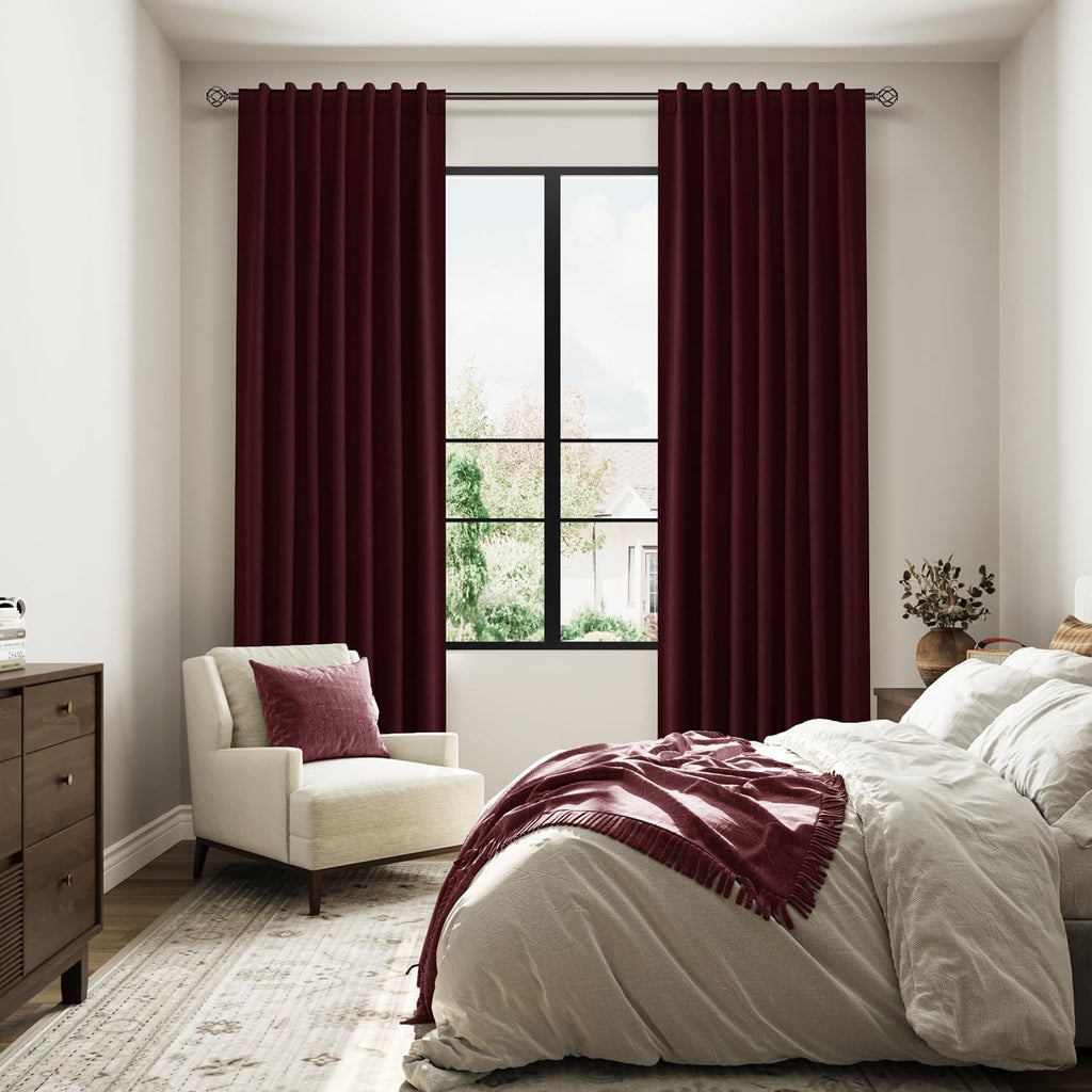 Guken Burgundy 100% Blackout Linen Curtains 102 Inch Length 2 Panels Set for Living Room Bedroom Back Tab Thermal Insulated Black Out Drape…