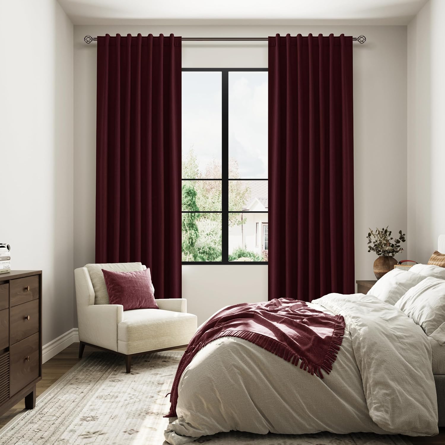 Guken Burgundy 100% Blackout Linen Curtains 102 Inch Length 2 Panels Set for Living Room Bedroom Back Tab Thermal Insulated Black Out Drape…