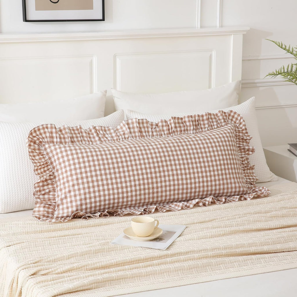 Qilunn 14x36 inches Taupe Plaid Ruffle Gingham Lumbar Throw Pillow Cover, Pure Cotton Decor Pillowcase French Country Vintage Fall Pillow C…