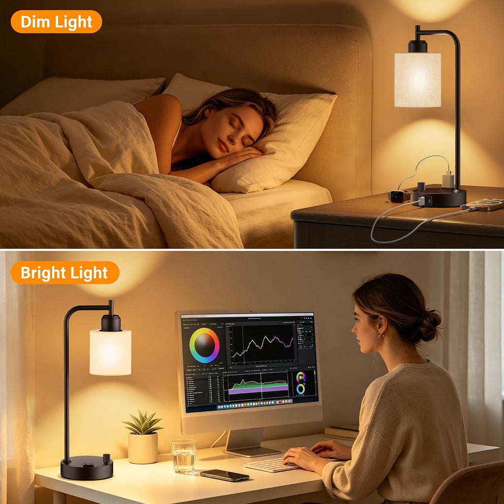 SIBRILLE Industrial Table Lamps with Linen Shade, Set of 2 Fully Dimmable Bedside Lamps with USB A+C Ports and Outlet, Brown Nightstand…