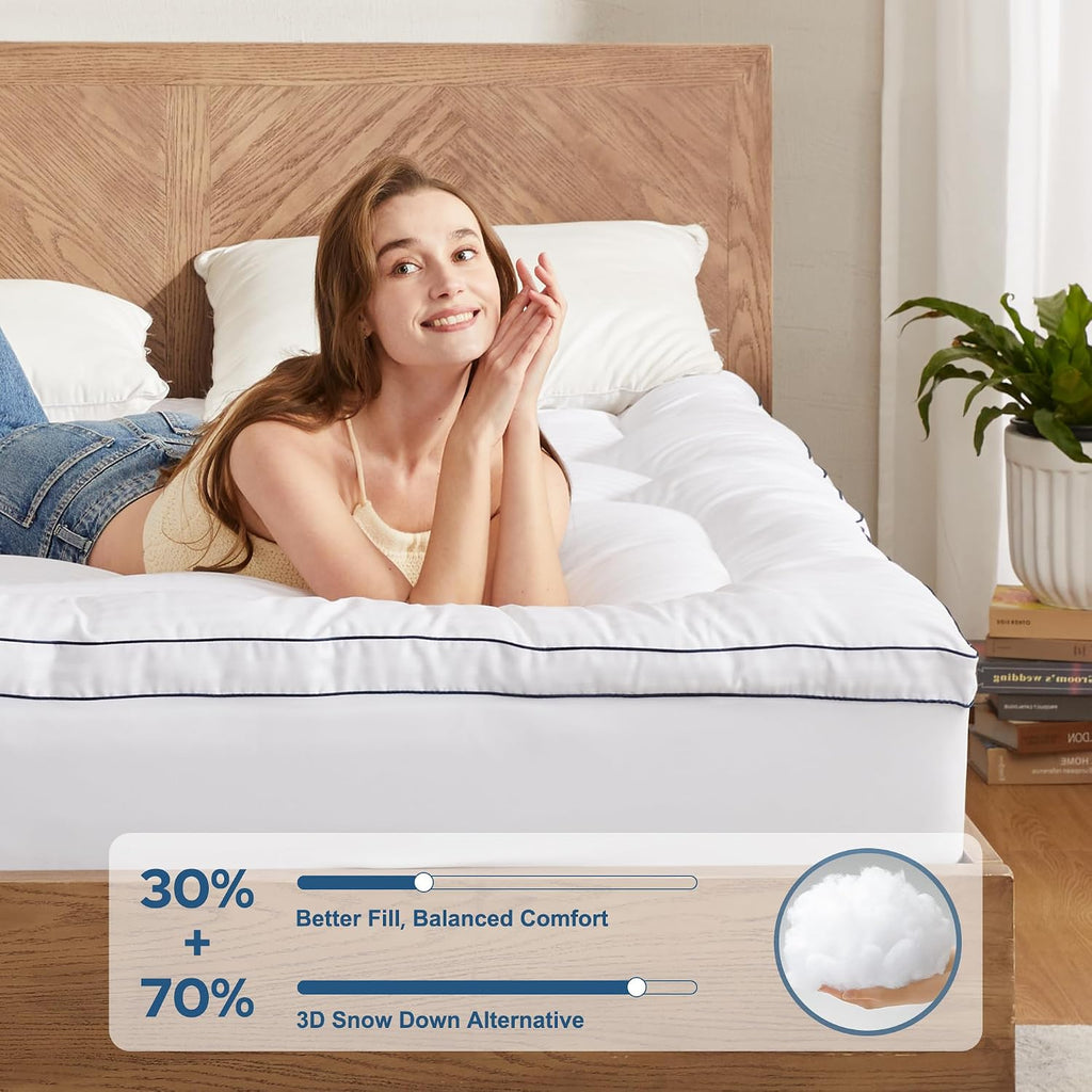 Bedlore Twin XL Mattress Topper, Thick Pillow Top Pad for Back, Cooling Soft Mattress Cover with Deep Pockets 6-15 inch 15 inch White