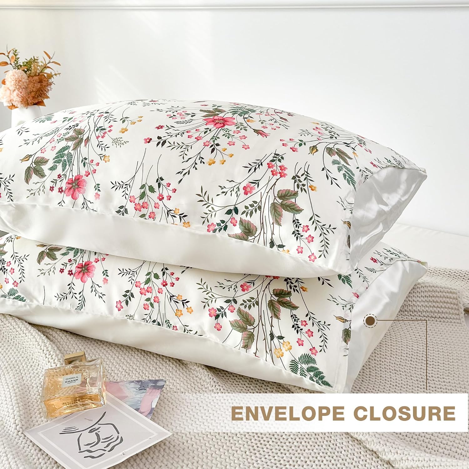 MANSPHIL Farmhouse Floral Silk Satin Pillow Cases Standard, Printed 22 Momme Mulberry Silk Top with Satin Underside Pillowcase for Hair…