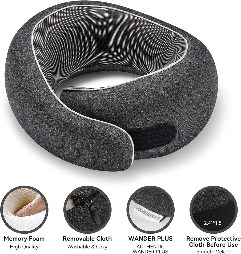 WANDER PLUS® Travel Pillow, 100% Pure Memory Foam Travel Neck Pillow Airplane Neck Support Ergonomic Design Best for Sleeping Plane Car…