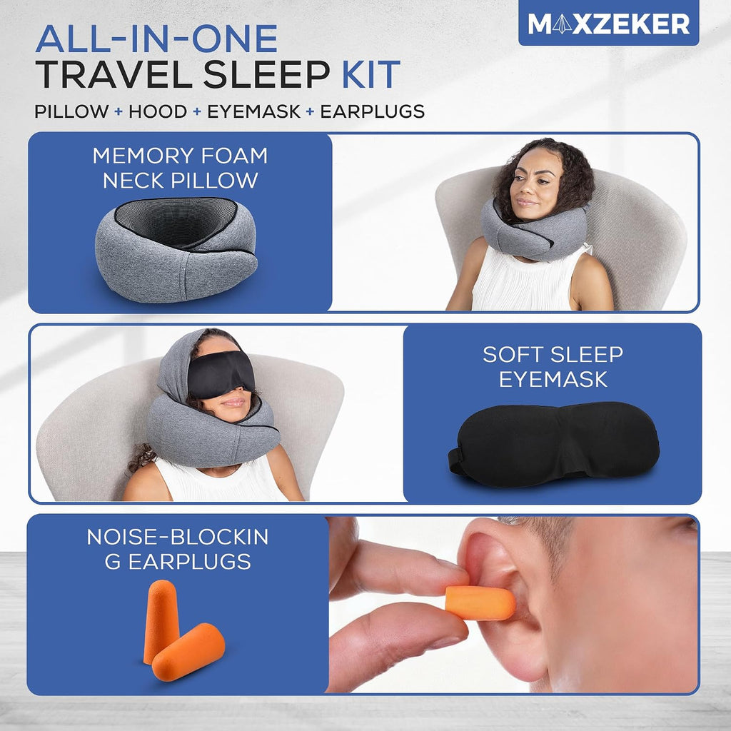 Travel Neck Pillows for Airplanes – Sleep Comfortably on Long Flights, Roadtrips, Home or Office. All-in-One Travel Sleep Kit with Hood…