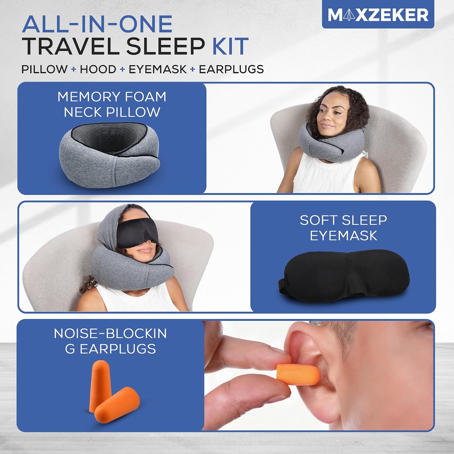 Travel Neck Pillows for Airplanes – Sleep Comfortably on Long Flights, Roadtrips, Home or Office. All-in-One Travel Sleep Kit with Hood…