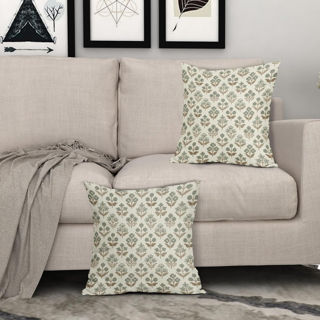 Brown Green Floral Pillow Covers 24x24 Inch Set of 2, Vintage Flower Block Print Pattern Decorative Throw Pillowcases Outdoor Farmhouse…