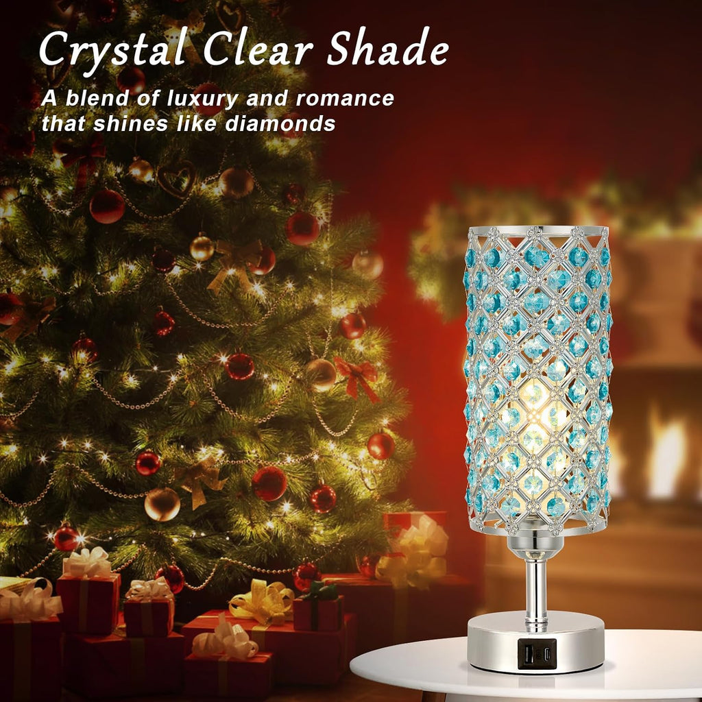 Hong-in Blue Crystal Table Lamp - 3-Way Dimmable Touch Control, Bedside Lamp with USB C and A Ports, Nightstand Light for Living Room…