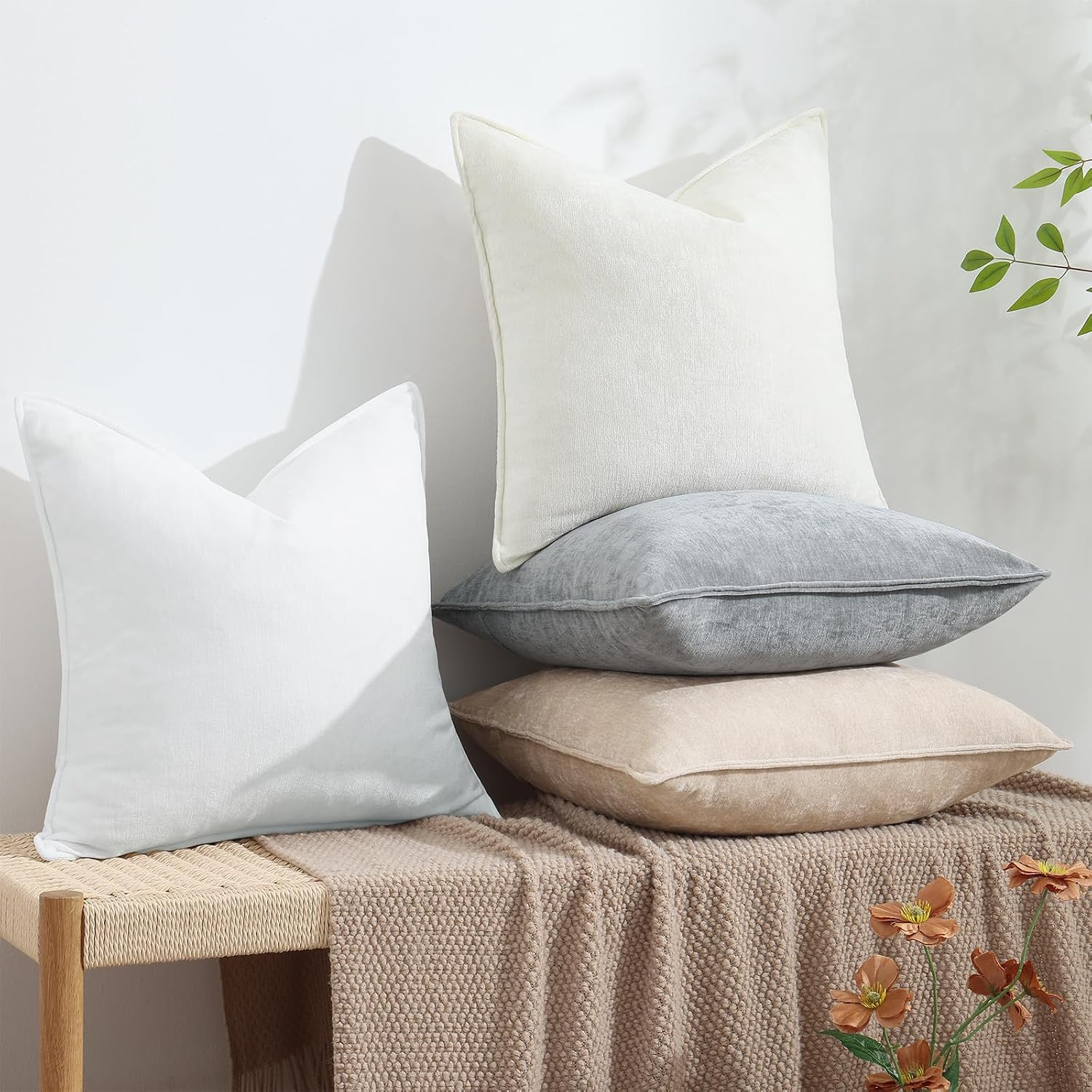 decorUhome Summer Couch Throw Pillow Covers 20x20 Set of 2, Decorative Soft Velvet Modern Cozy Chenille Pillow Cases with Elegant Design fo…