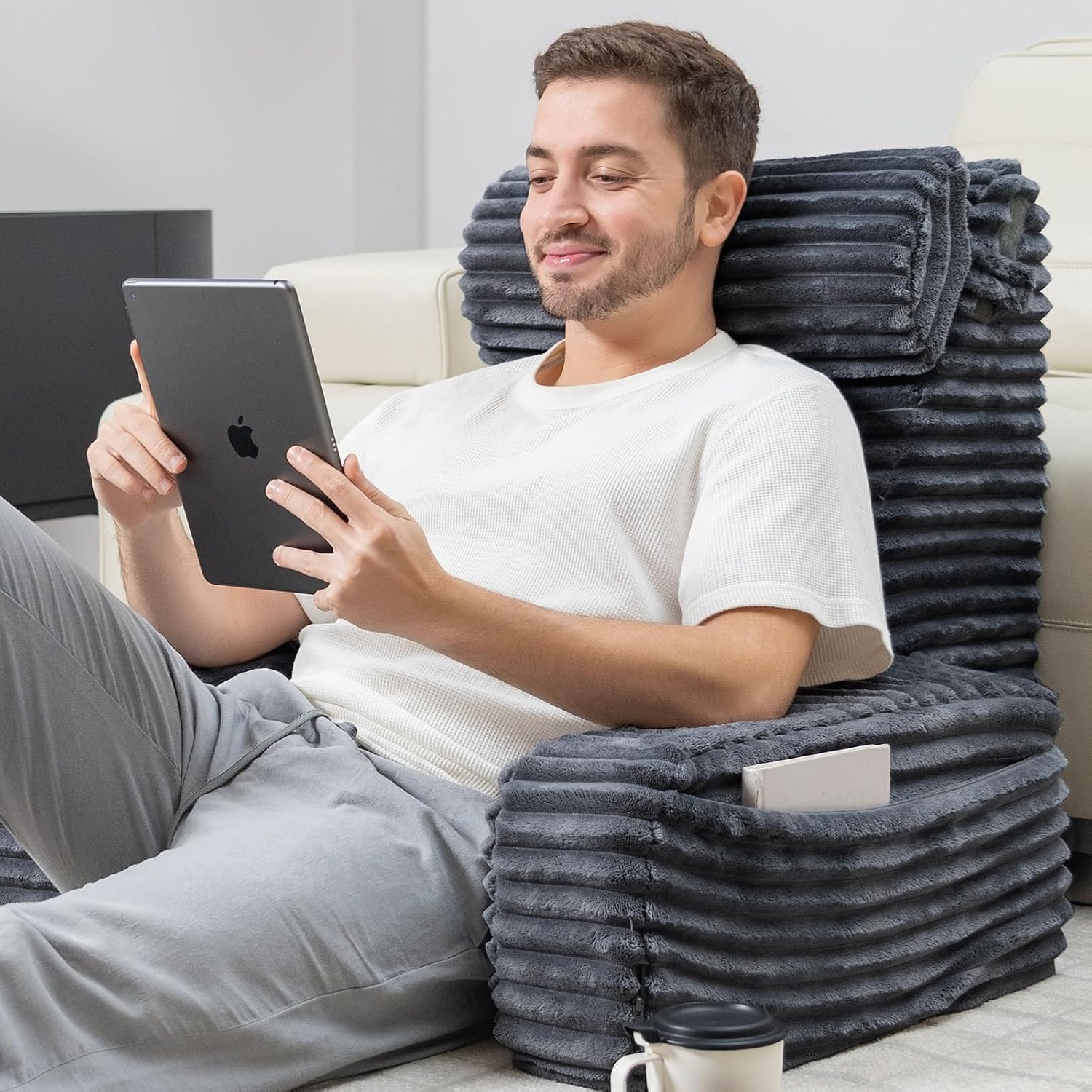 ENITYA Reading Pillow for Sitting in Bed Adult, 24in XXL Back Pillow for Bed Sitting up, Big Pockets & Built-in Arms, Back Support Chair…
