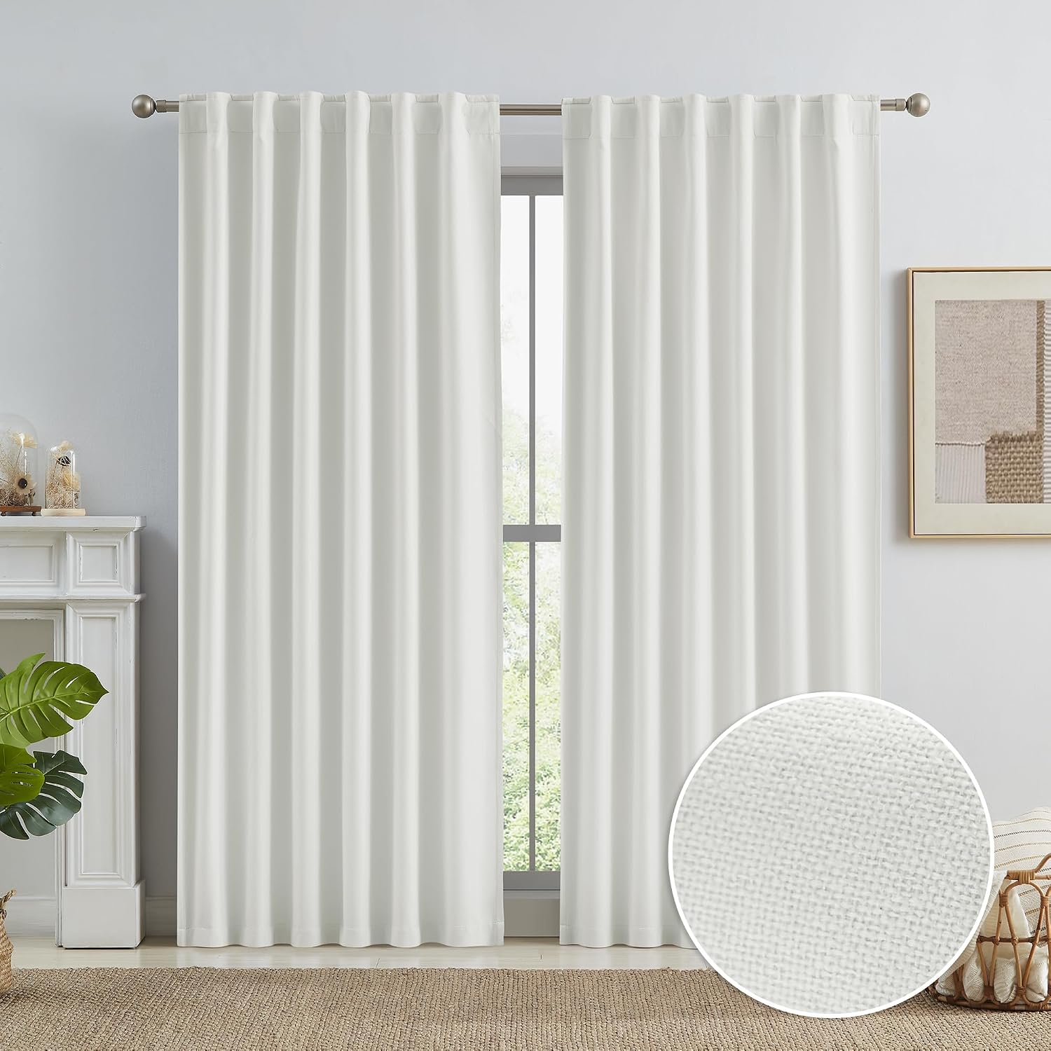Keqiaosuocai Natural Faux Linen Blackout Farmhouse Curtains for Bedroom 84 Inches Long, Back Tab Hook Belt Pleated Boho Curtain Drapes Neut…