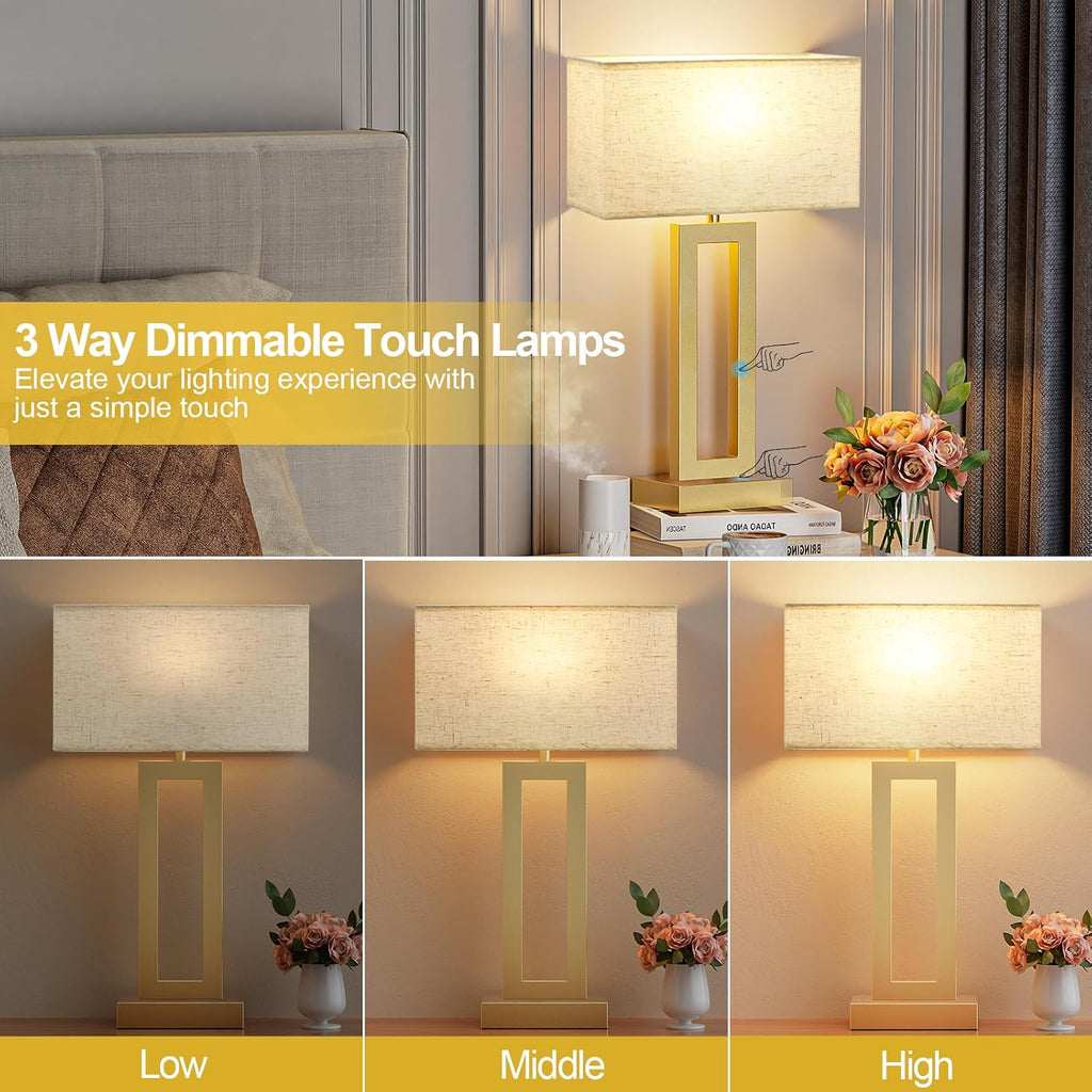 Seealle 22" Tall Bedroom Lamps for Living Room - Touch Gold Bedside Lamps with USB C+A, 3 Way Dimmable Lamp for Nightstand, Modern Night…