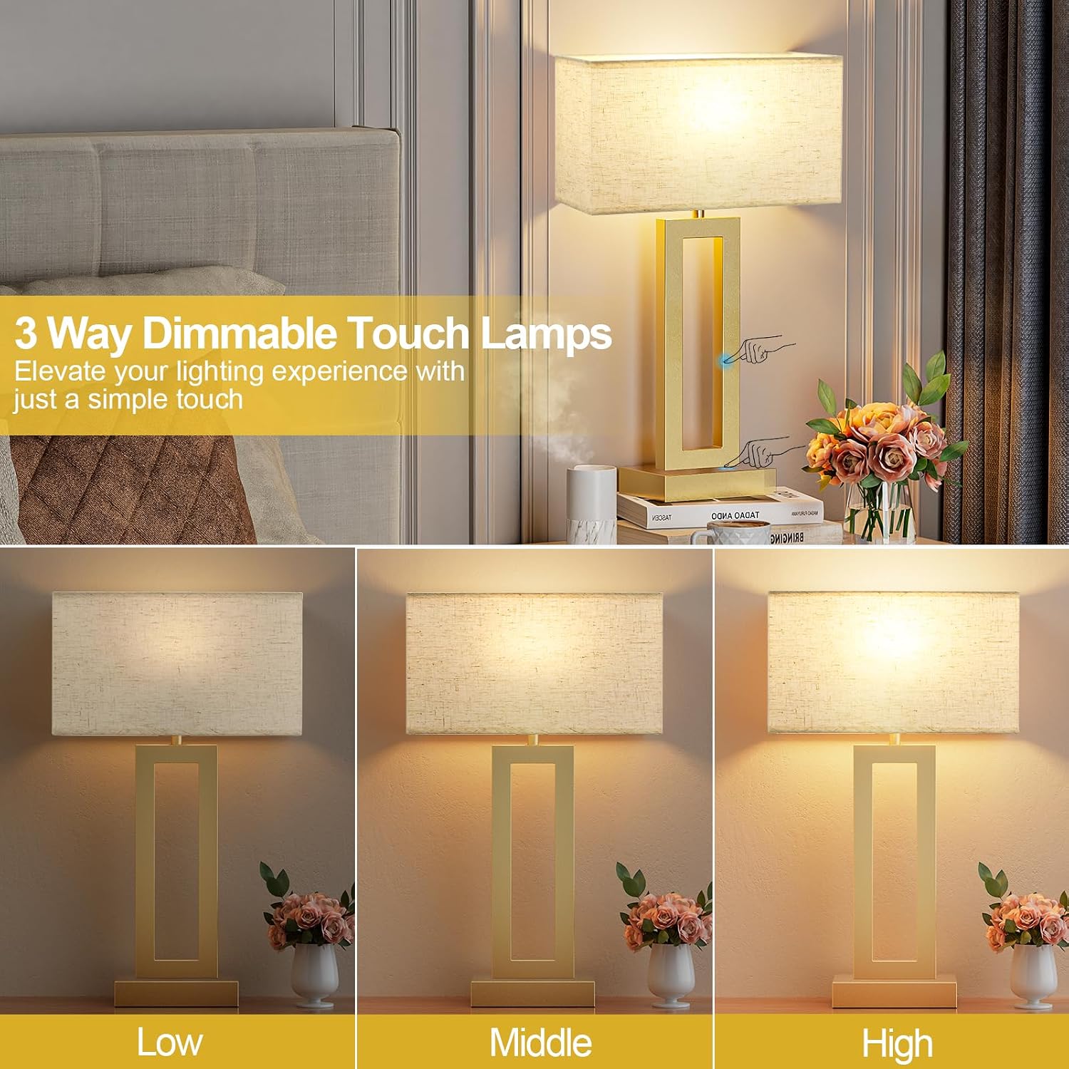 Seealle 22" Tall Bedroom Lamps for Living Room - Touch Gold Bedside Lamps with USB C+A, 3 Way Dimmable Lamp for Nightstand, Modern Night…