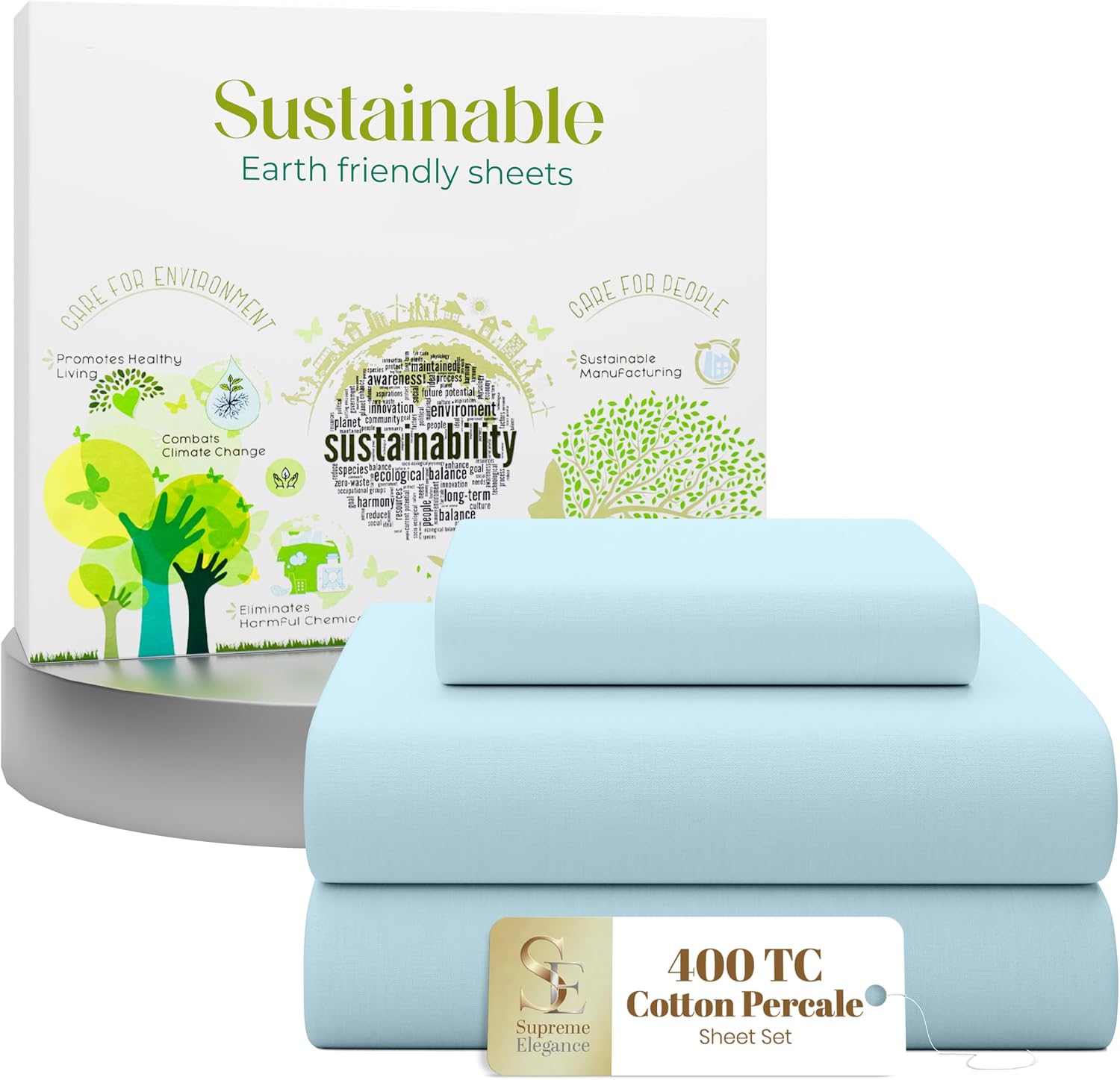 SupremeElegence SUPREME ELEGANCE 3 Pcs 100% Cotton Twin Sheets Set, Sky Blue, 400 Thread Count, Percale Weave, Cooling, Long Staple Cotton…