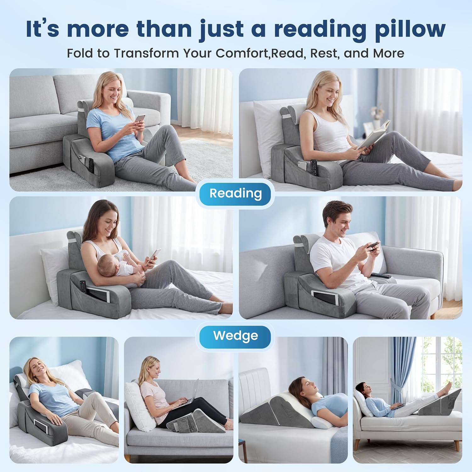 2 in 1 Foldable Reading Pillow for Bed, Back Pillow for Sitting up with Arms, 19 in Support Pillow for Sitting Up Rest Adult, Ergonomic…