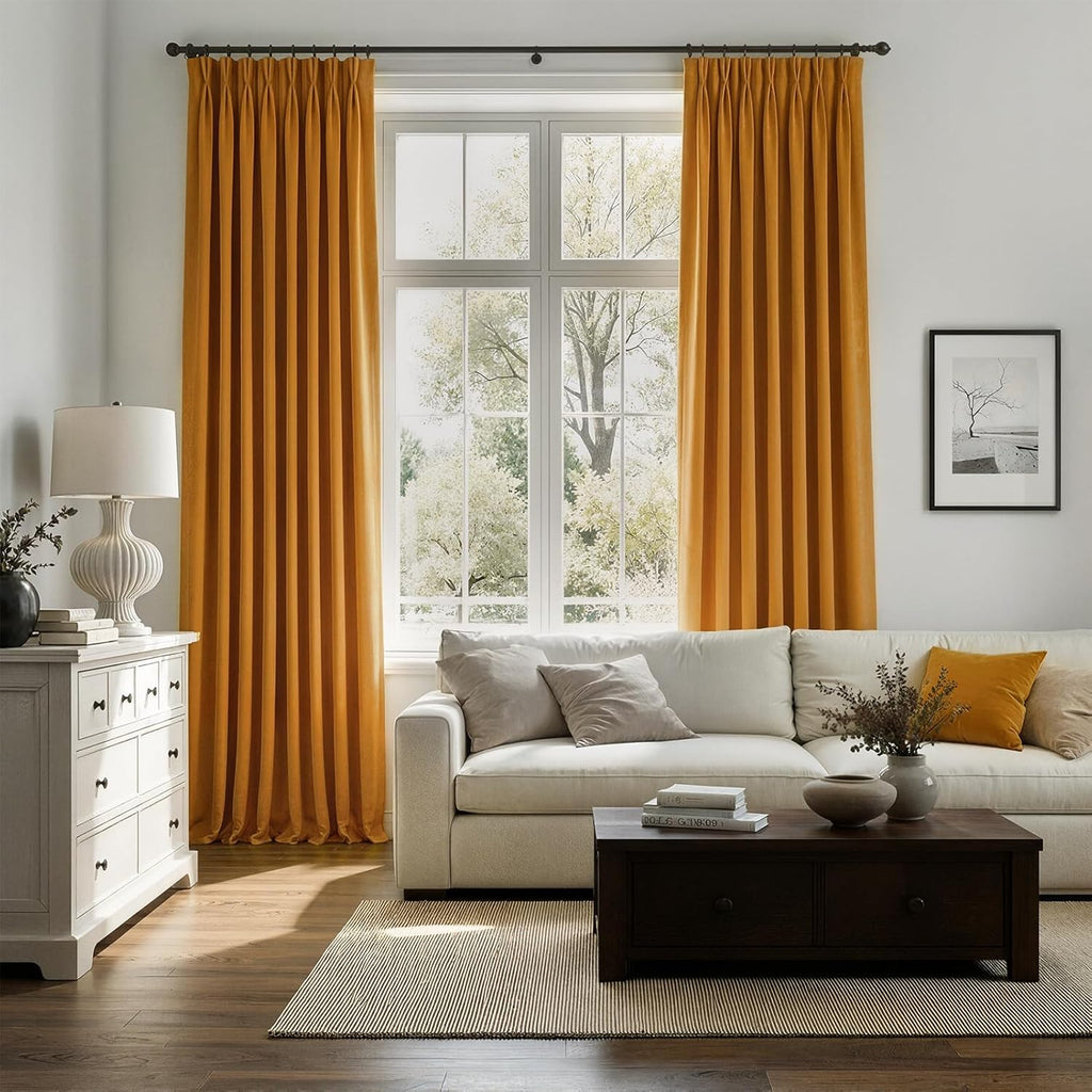 Drapenova 102 Inch Long Yellow Custom Velvet Curtains for Living Room Bedroom Elegant Luxury Pinch Pleat Room Darkening Blackout Dra…