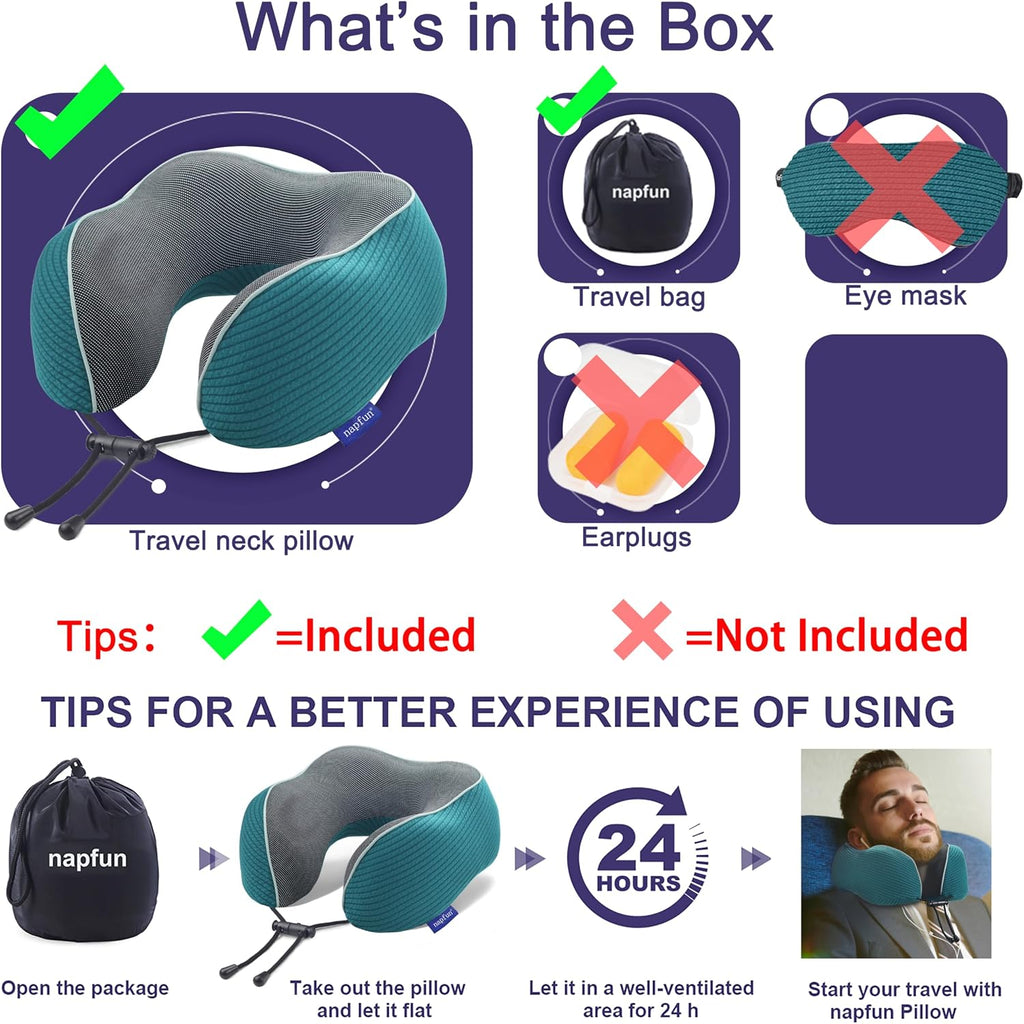 napfun Neck Pillow for Traveling, Upgraded Travel Neck Pillow for Airplane 100% Pure Memory Foam Travel Pillow for Flight Headrest Sleep…