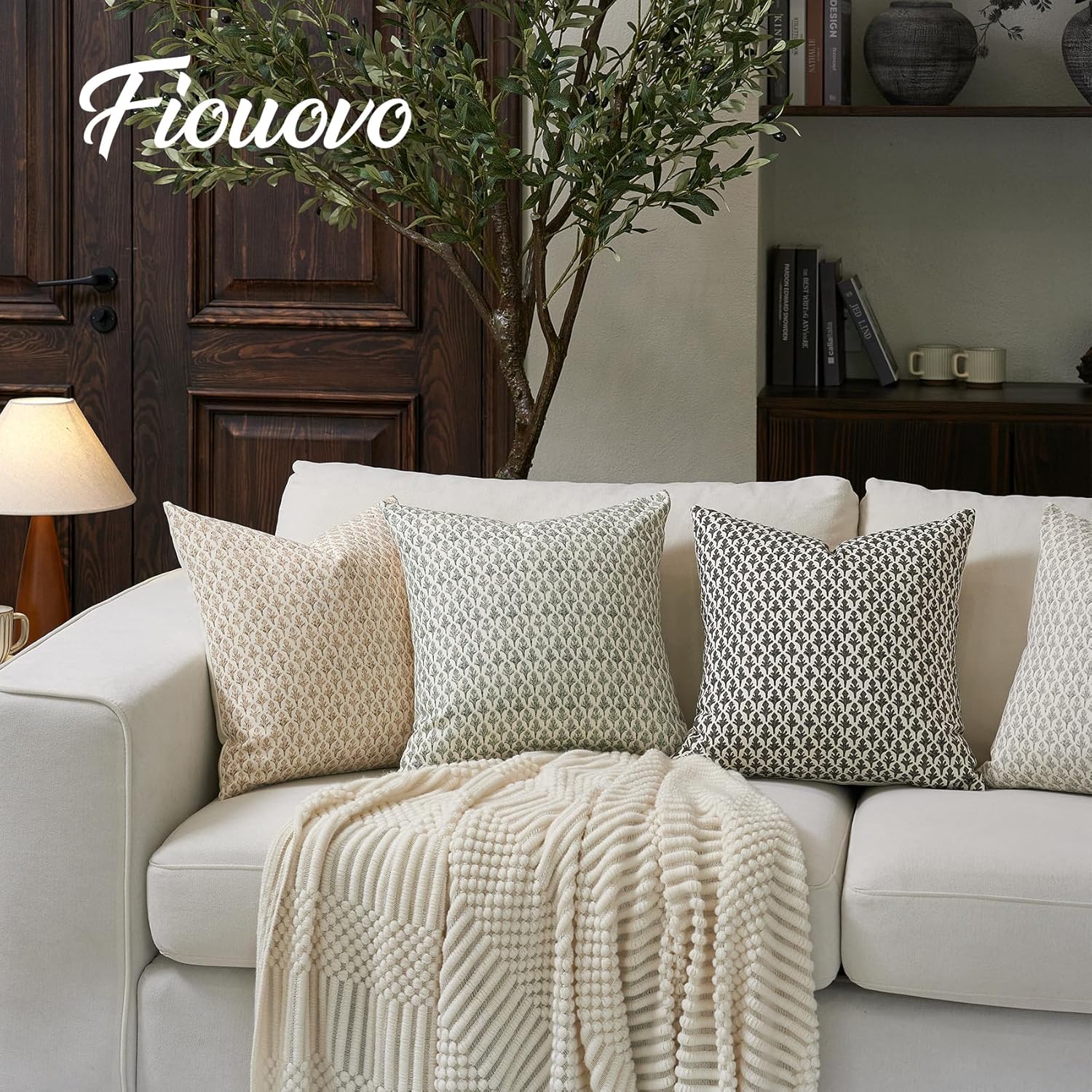 Fiouovohome FIOUOVO Floral Pillow Covers 18x18 Pillow Cover Block Print Couch Pillows for Living Room Decorative Neutral Accent Throw Pillo…