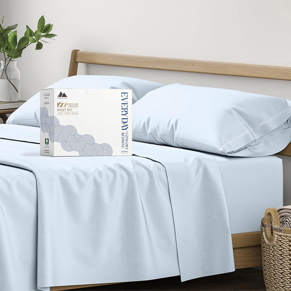 Mayfair Linen 100% Organic Cotton Sheets Twin XL Size - 3 PC Organic Cotton Percale Sheets Twin XL Set (Light Blue), Soft, Crisp, Cooling…