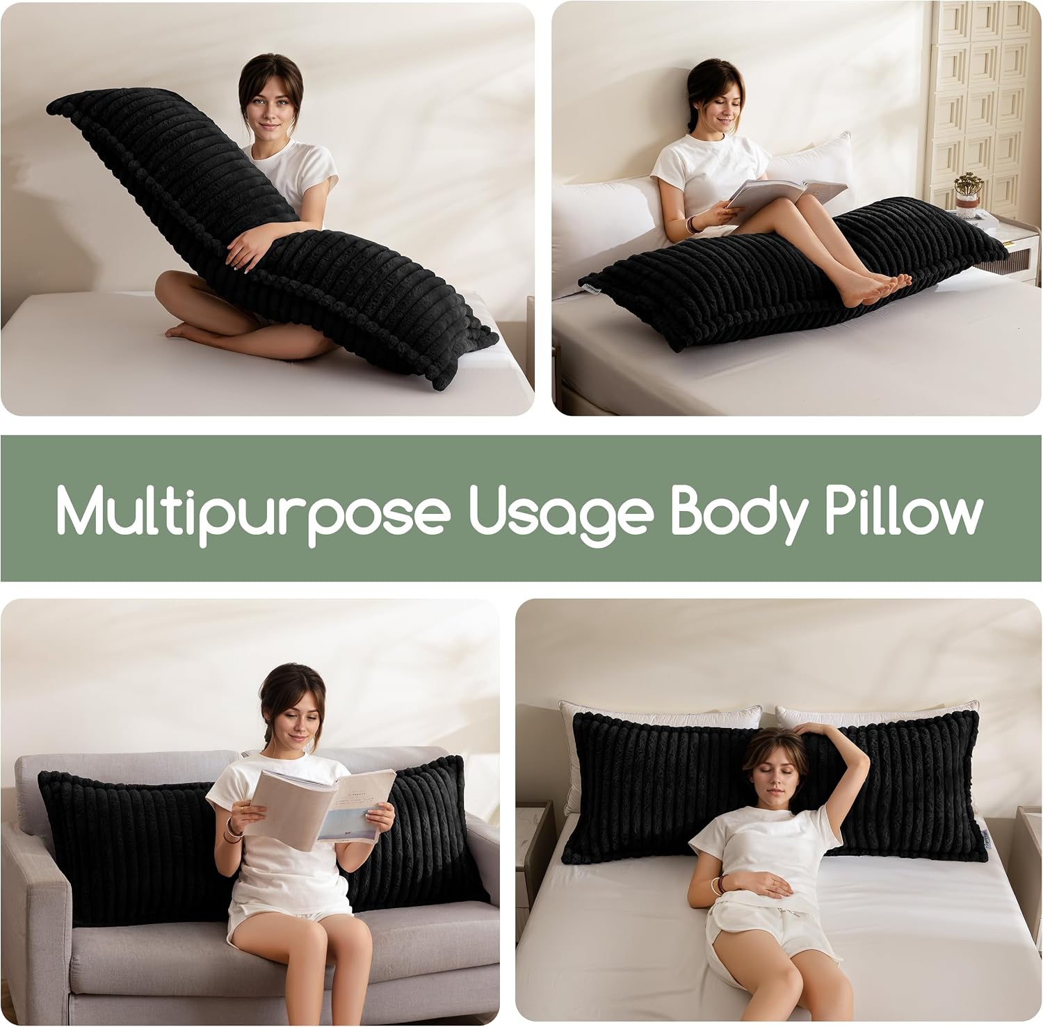 Higogogo Memory Foam Body Pillow, Thickened Large Long Bed Pillow for Adults, Full Body Pillow with Removable Pillow Cover(20x54 Inch) Black