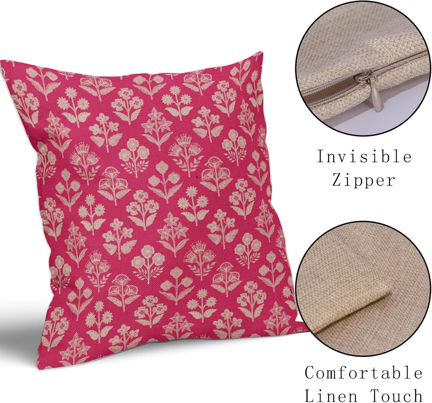 Hot Pink Floral Pillow Covers 24x24 Inch Set of 2, Vintage Flower Block Print Pattern Decorative Throw Pillowcases Outdoor Farmhouse…
