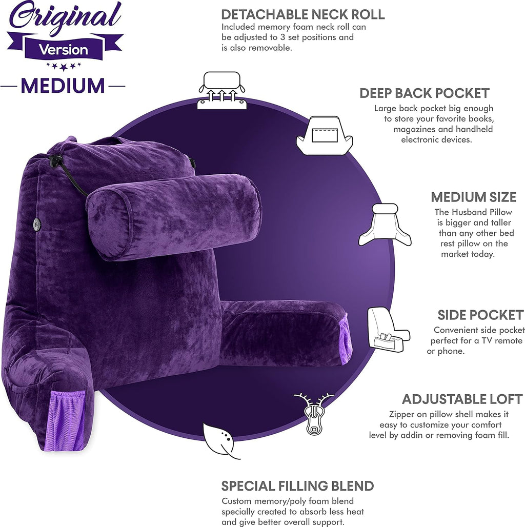 HusbandPillow Husband Pillow Medium Reading Pillow with Arms - 23" Backrest for Sitting Up in Bed - Firm Support Bed Rest Pillow for Adults…