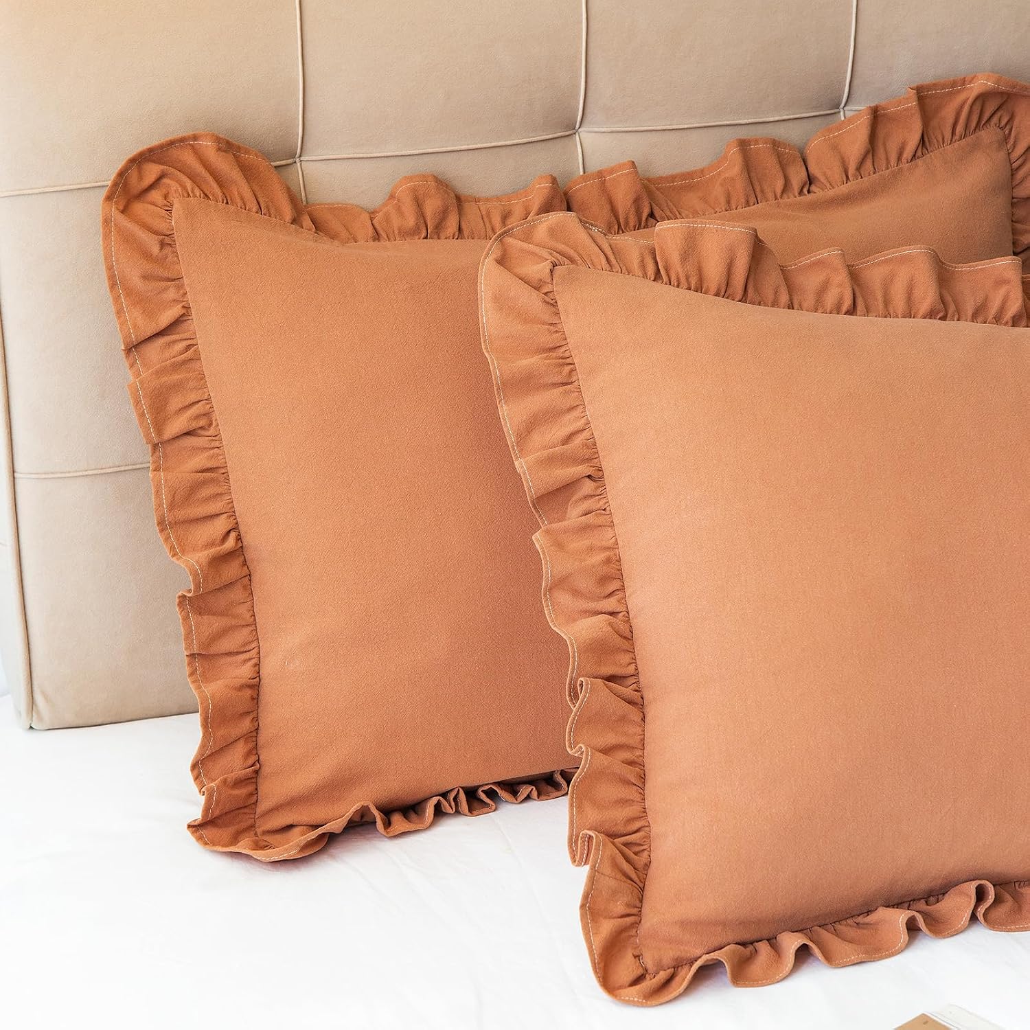 GLORY SEASON Pillow Shams Set of 2 Washed 100% Cotton Retro Ruffle Flounces Trim Solid Beige Decorative Pillow Cases for Home Bedroom…