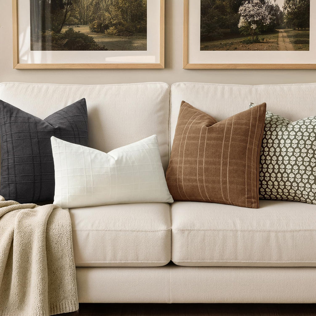 Miulee Decorative Linen Check Throw Pillow Covers Neutral Farmhouse Vintage Pillow Covers 18x18 Set of 2 Boho Modern Winter Home Decor for…