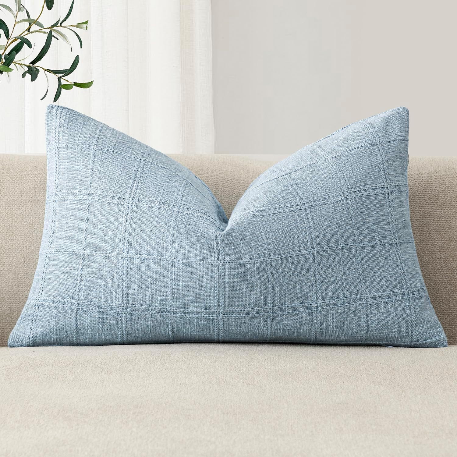 Foindtower Set of 1 Decorative Linen Check Throw Pillow Cover Neutral Farmhouse Lumbar Cushion Cover Modern Boho Accent Home Decor for…