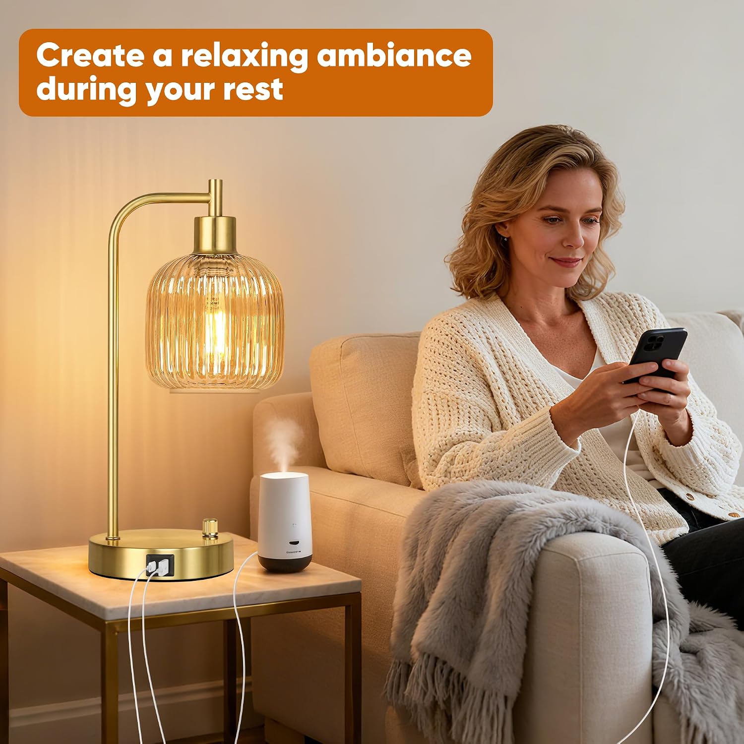 QiMH Industrial Table Lamp for Bedroom Set of 2, Champagne Glass Beside Lamp with USB A&C Ports, Stepless Dimmable Gold Lamps, Nightstand…
