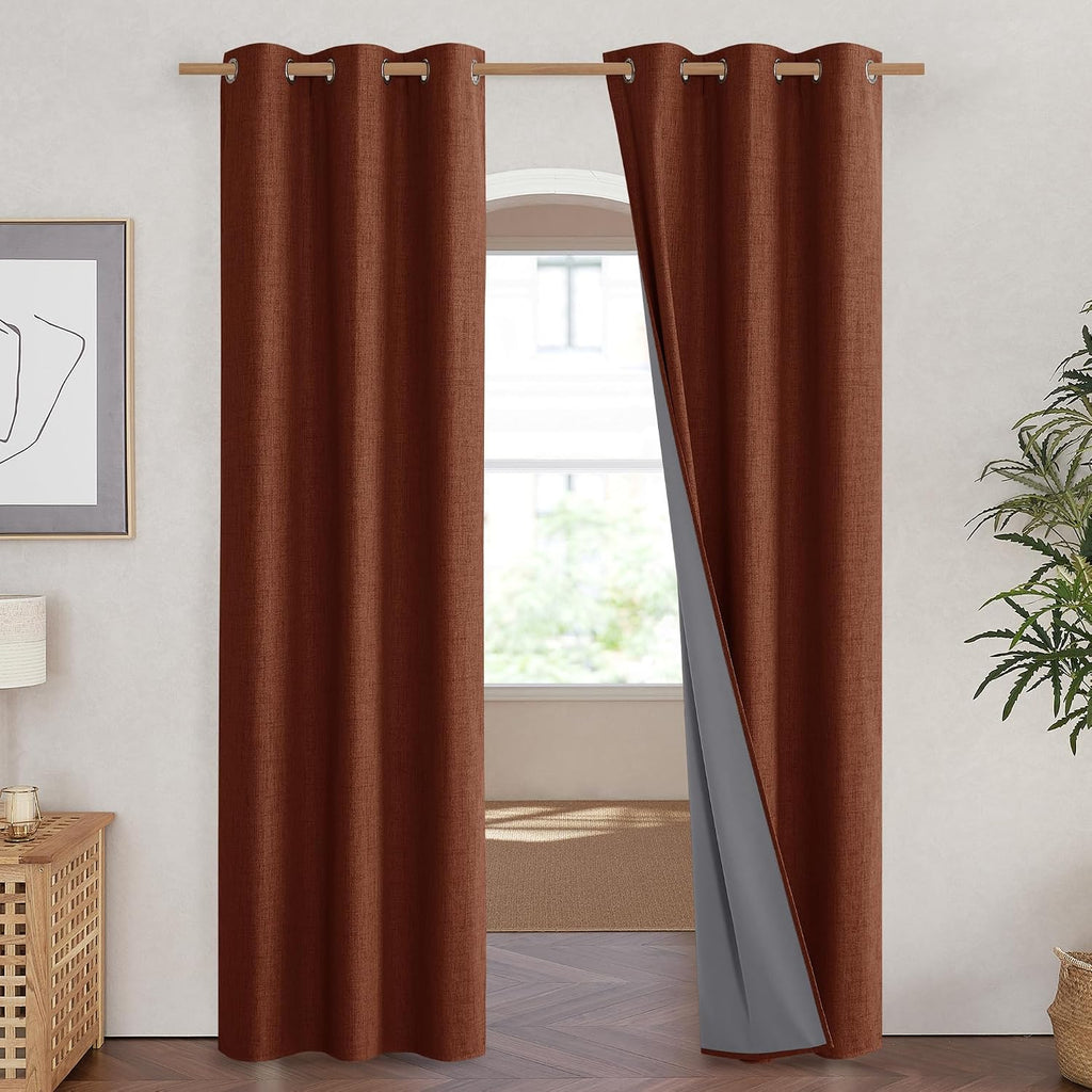 NICETOWN 100% Absolutely Blackout Linen Curtains with Thermal Insulated Liner, 42" Wide, 2 Panels, 84" Long Drapes, Grommet Retro Burnt…