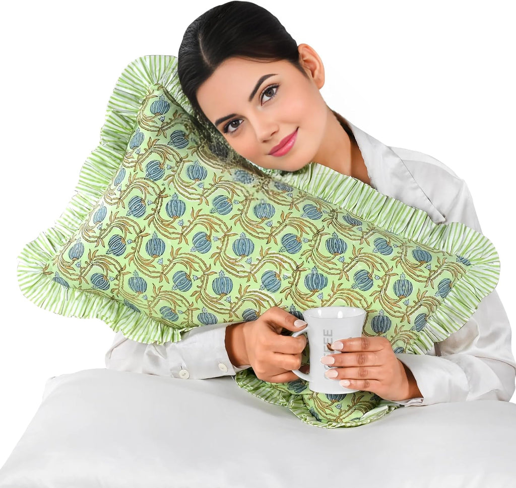 Ridhi Block Print Apple Green Floral 20"x12" Set 1-100% Cotton Ruffle Lumbar Sham Cover Boho Floral Pillowcase, Farmhouse Cottagecore…