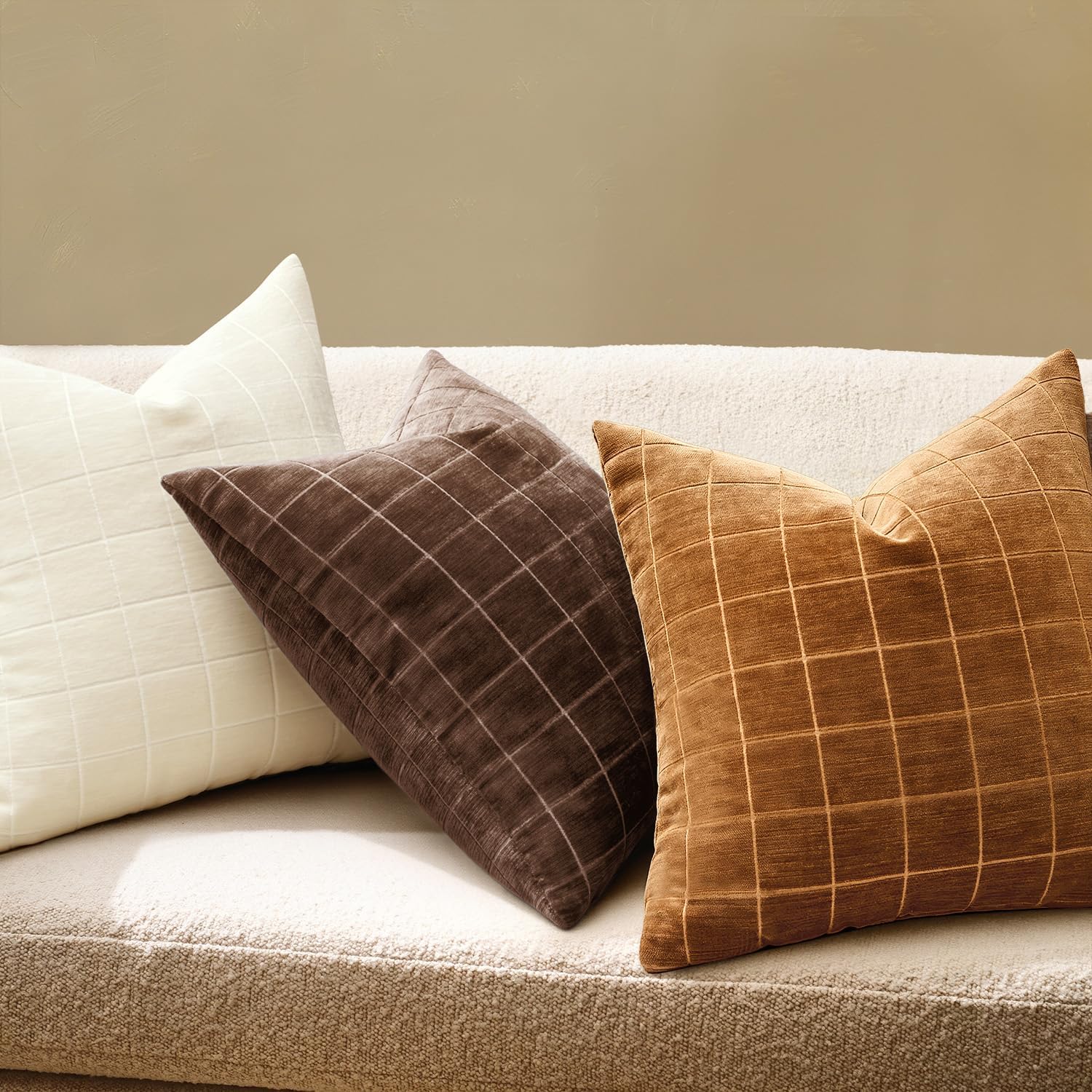 Miulee Decorative Chenille Check Throw Pillow Covers Vintage Plaid Couch Pillows 20x20 Inch Set of 2 Neutral Boho Farmhouse Cushion Covers…